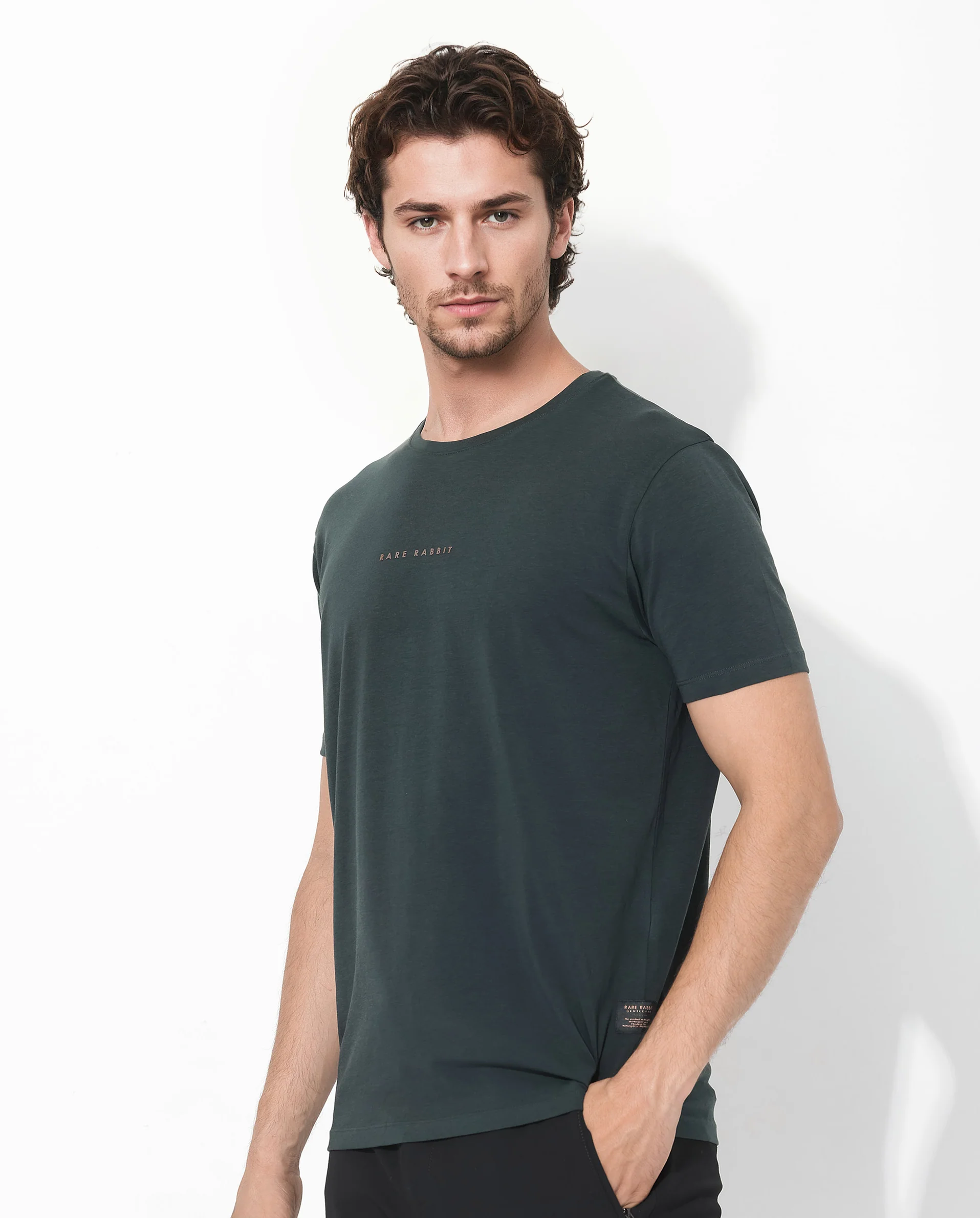 Rare Rabbit Men's Rabbit-Inf Dark Green Cotton Blend Plain Regular Fit Half Sleeve Crew Neck T-Shirt - Image 5