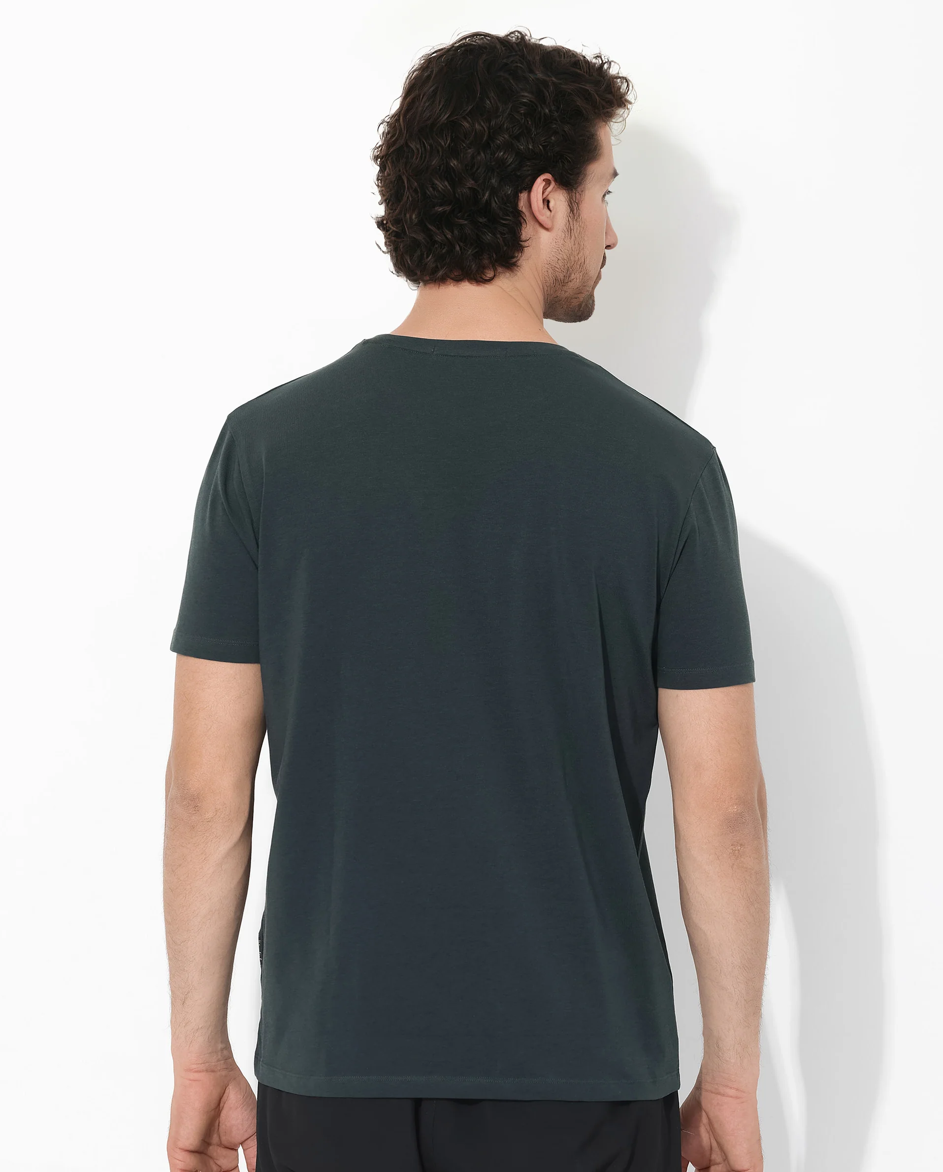 Rare Rabbit Men's Rabbit-Inf Dark Green Cotton Blend Plain Regular Fit Half Sleeve Crew Neck T-Shirt - Image 6