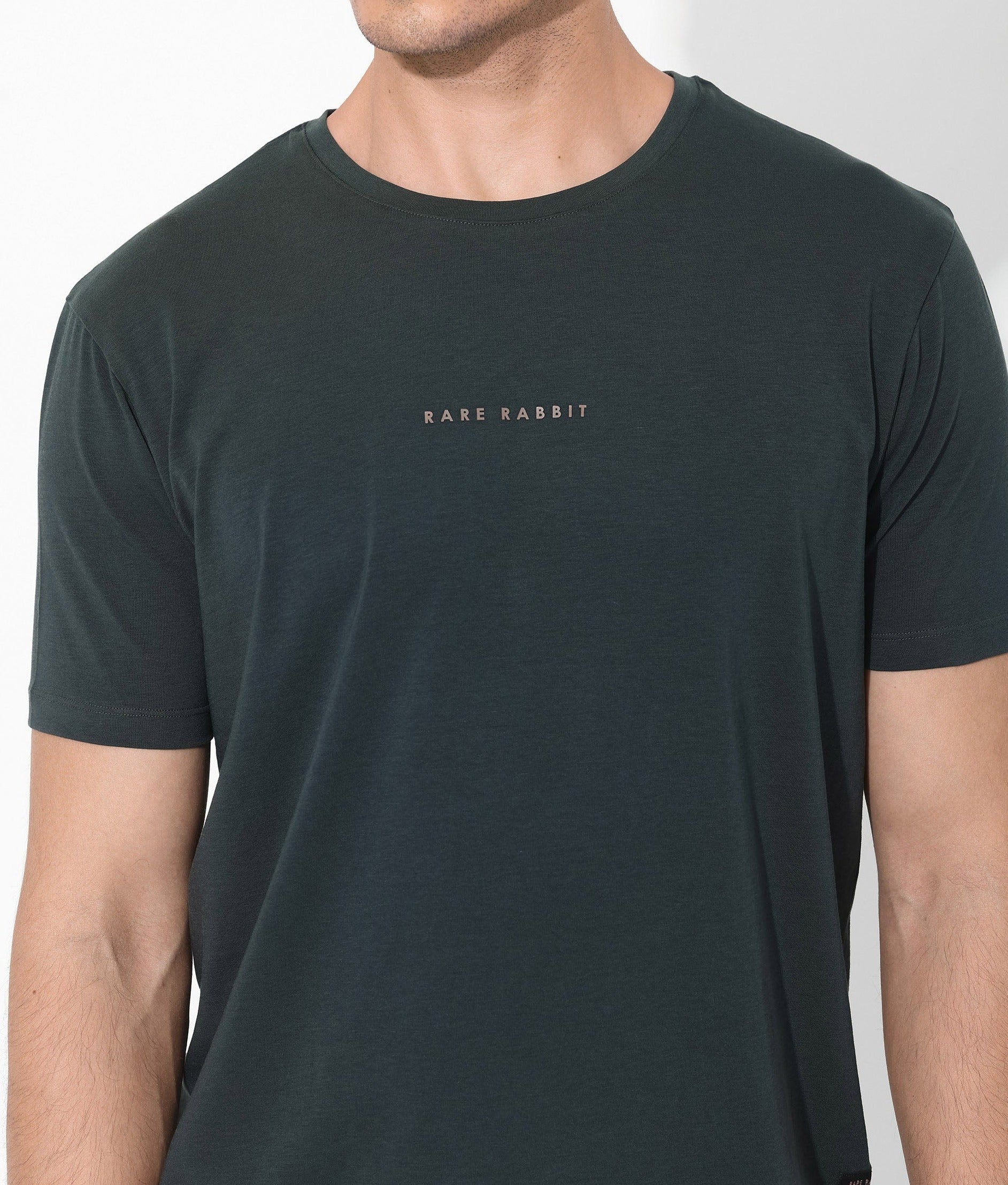 Rare Rabbit Men's Rabbit-Inf Dark Green Cotton Blend Plain Regular Fit Half Sleeve Crew Neck T-Shirt - Image 7