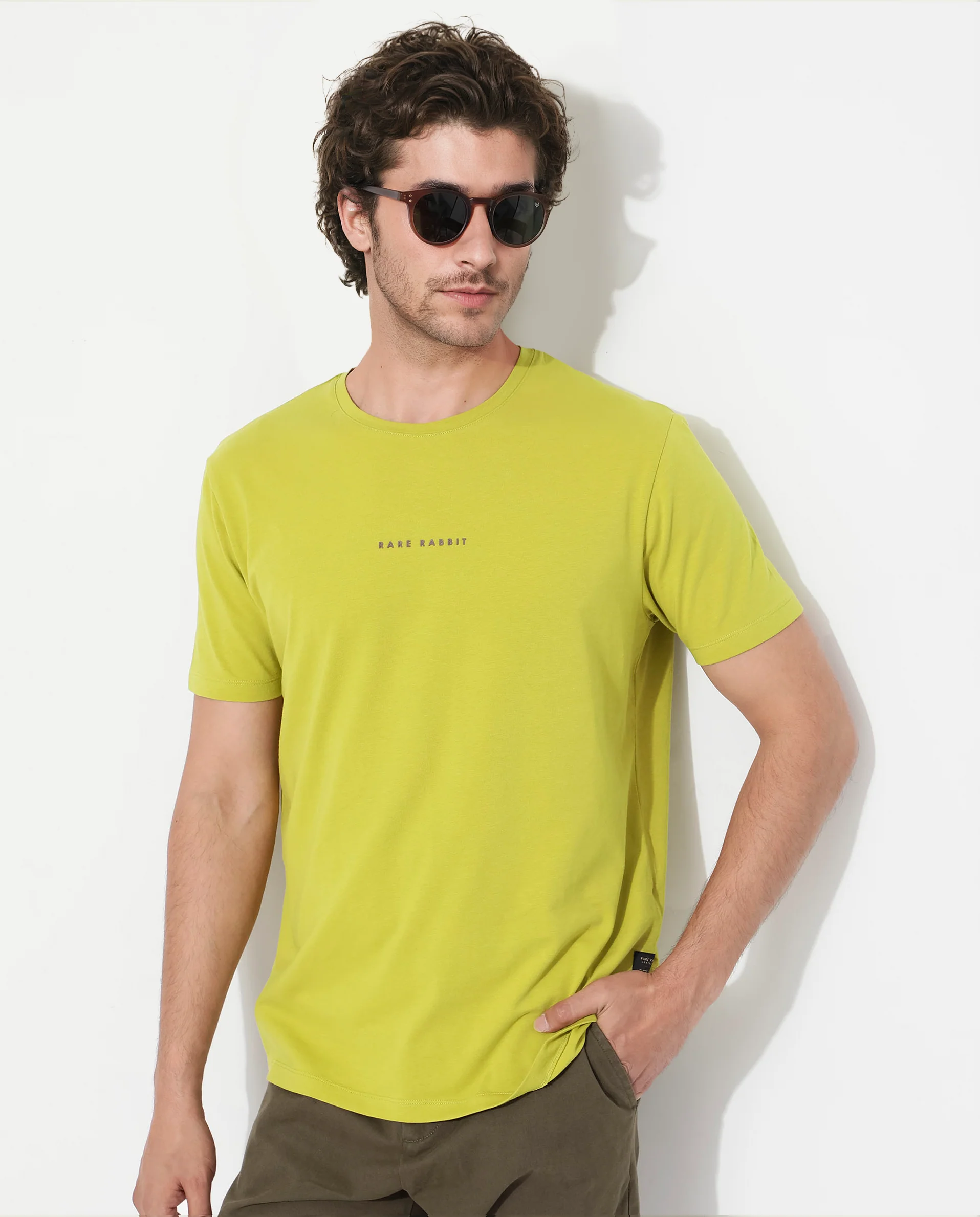 Rare Rabbit Men's Rabbit-Inf Flouroscent Green Cotton Blend Plain Regular Fit Half Sleeve Crew Neck T-Shirt