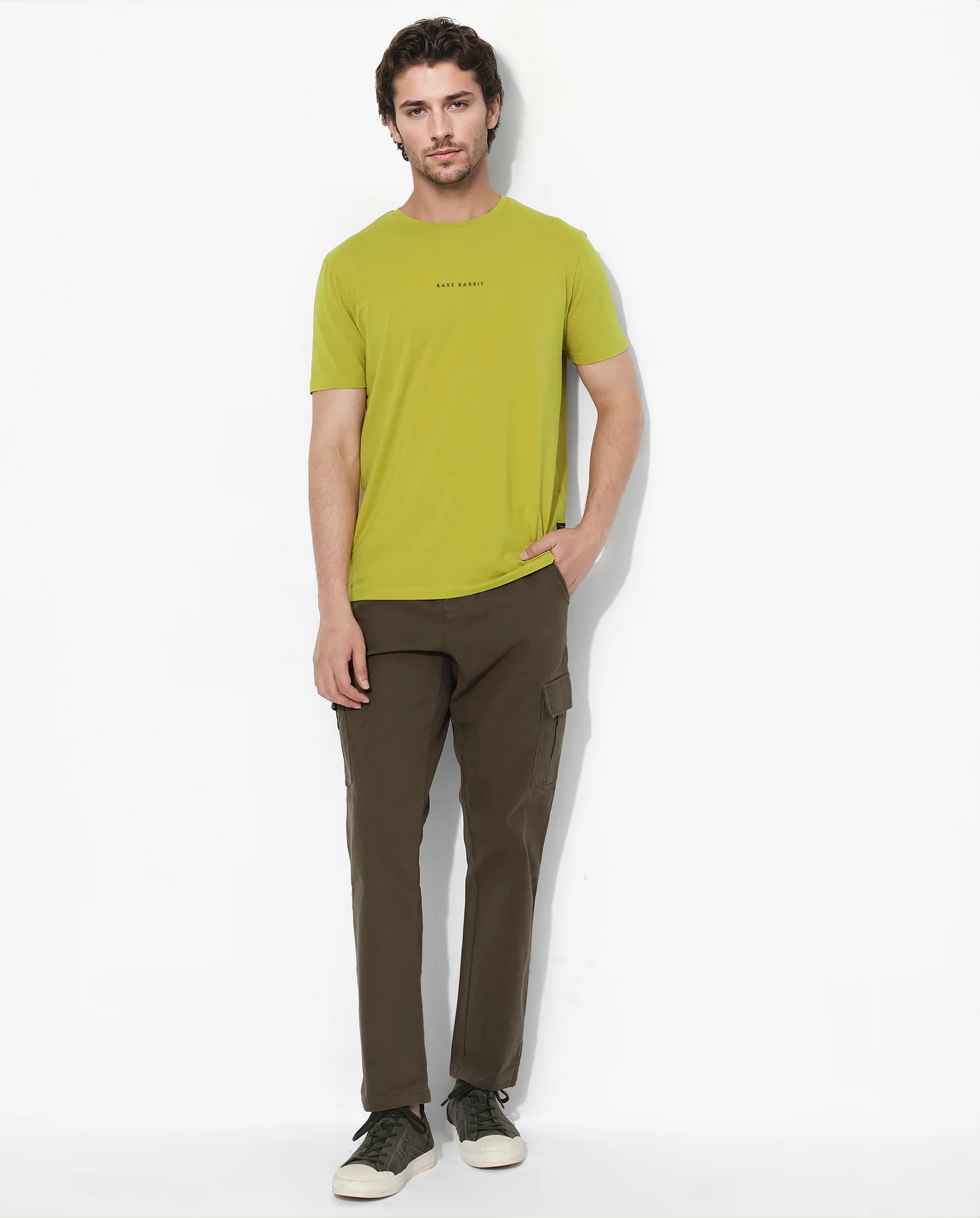 Rare Rabbit Men's Rabbit-Inf Flouroscent Green Cotton Blend Plain Regular Fit Half Sleeve Crew Neck T-Shirt - Image 2