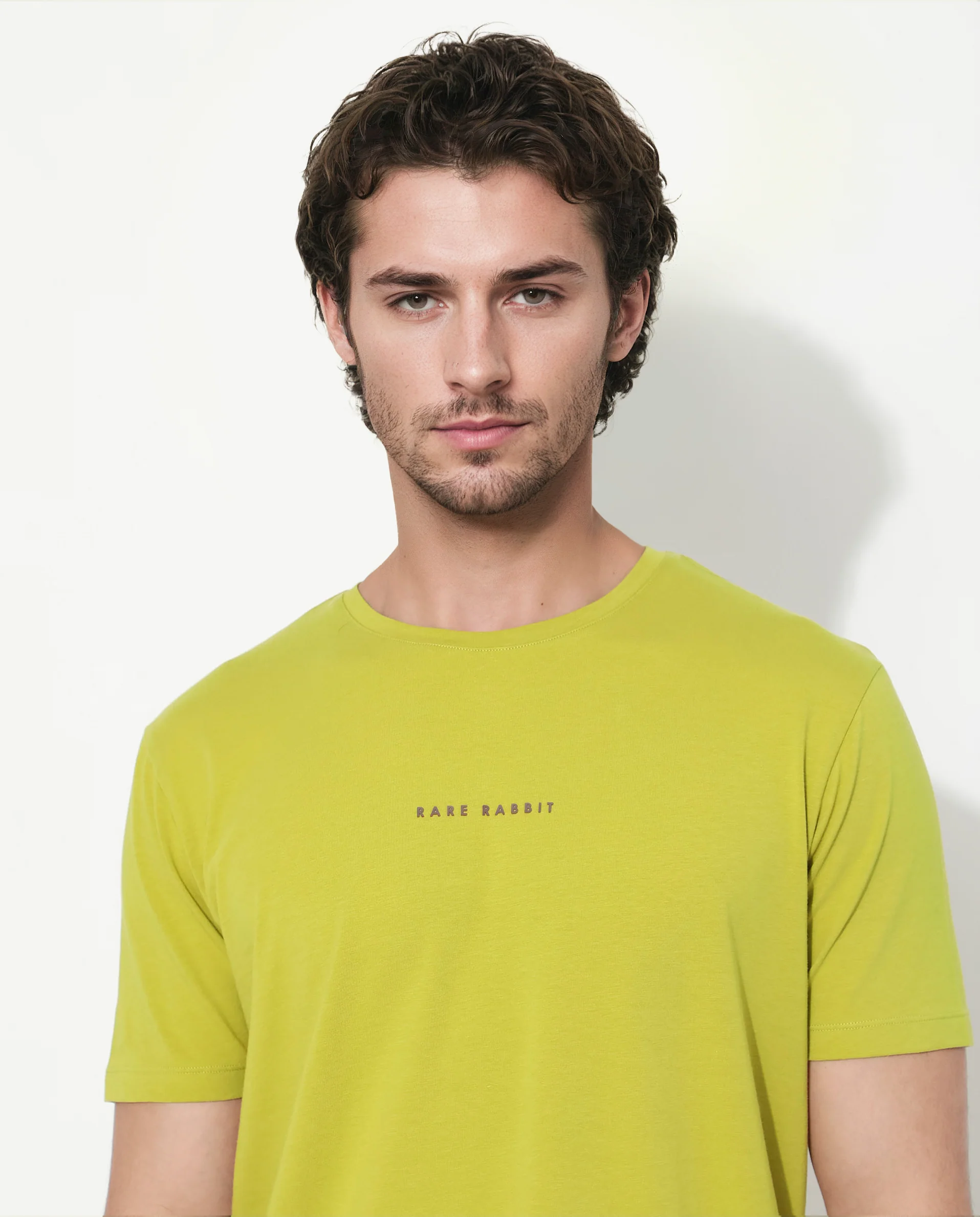 Rare Rabbit Men's Rabbit-Inf Flouroscent Green Cotton Blend Plain Regular Fit Half Sleeve Crew Neck T-Shirt - Image 3