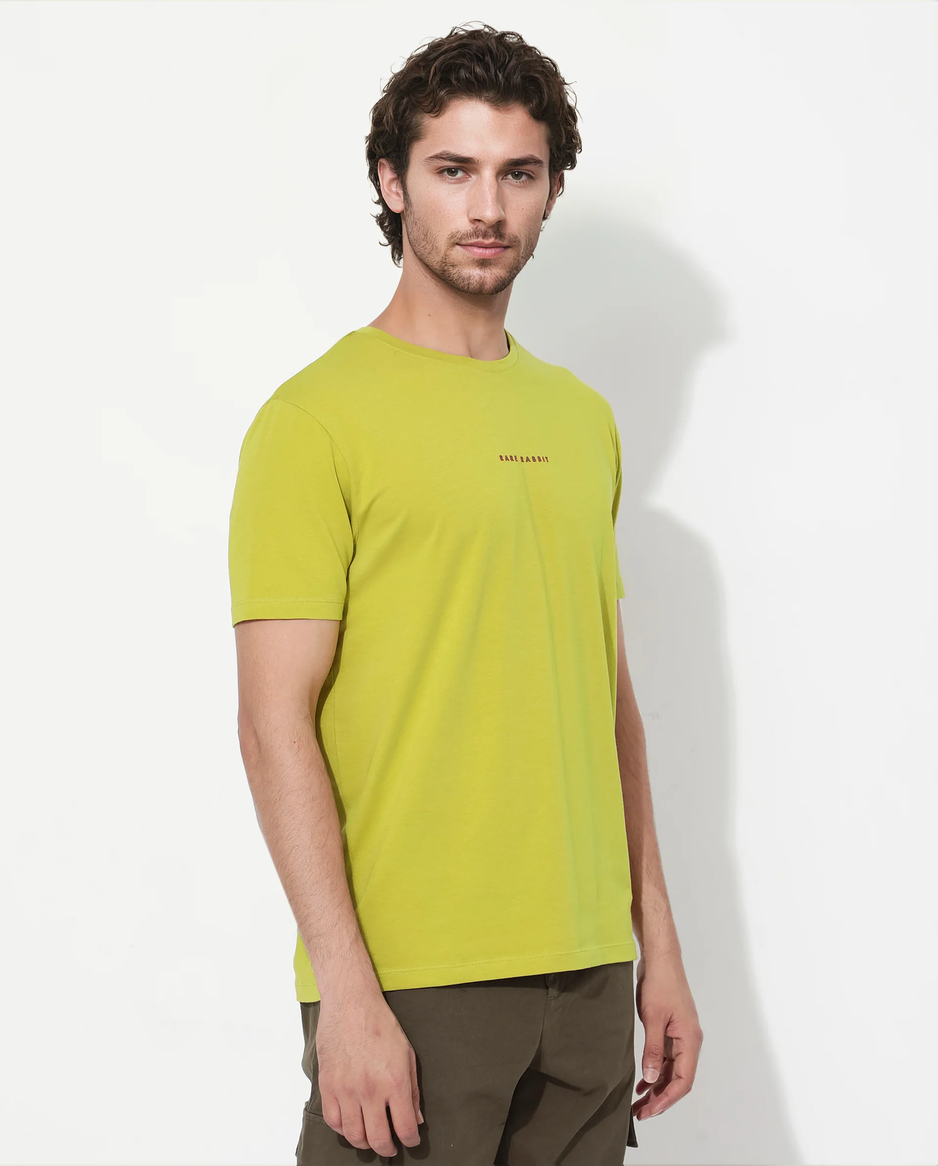 Rare Rabbit Men's Rabbit-Inf Flouroscent Green Cotton Blend Plain Regular Fit Half Sleeve Crew Neck T-Shirt - Image 4