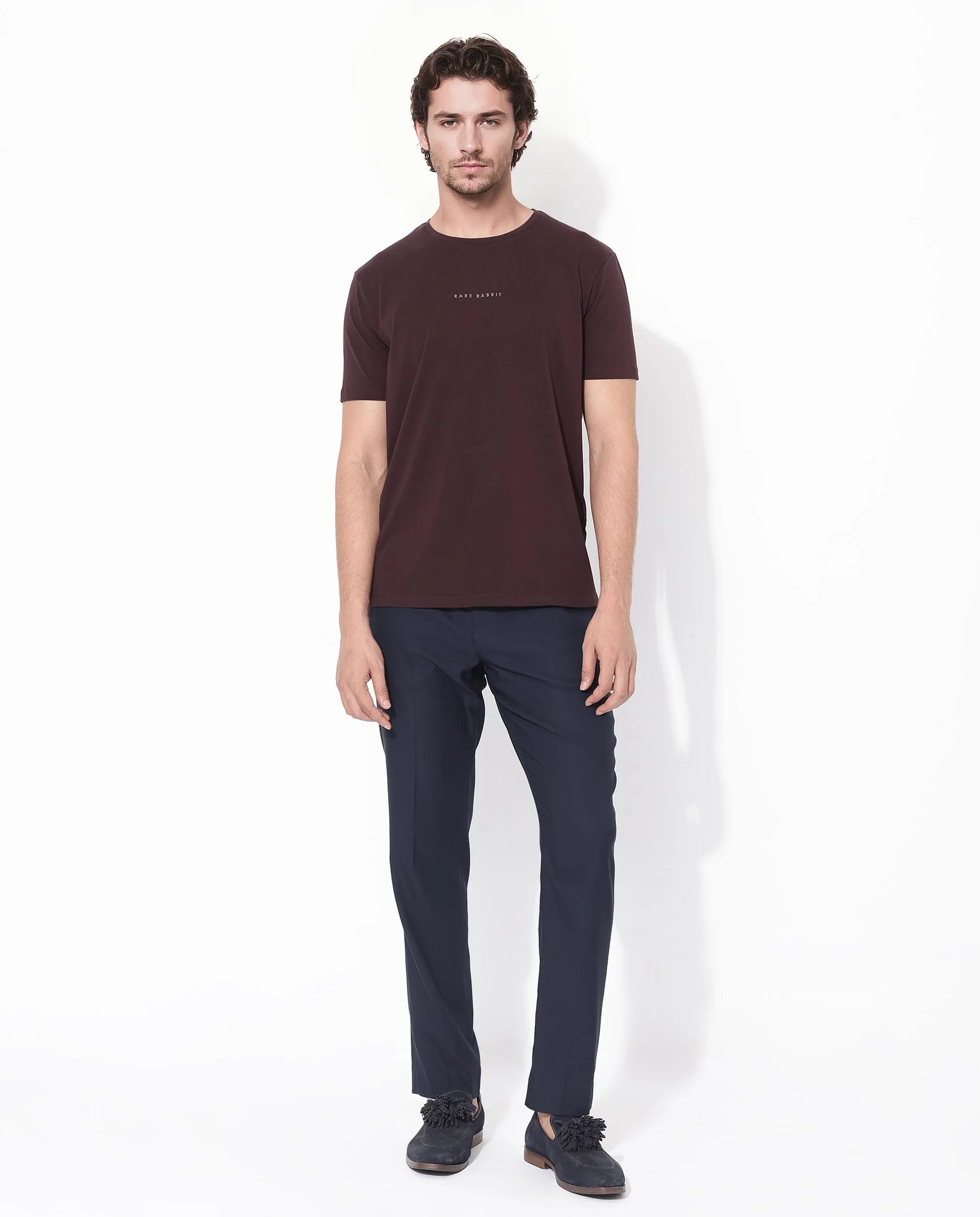 Rare Rabbit Men's Rabbit-Inf Maroon Cotton Blend Plain Regular Fit Half Sleeve Crew Neck T-Shirt - Image 2