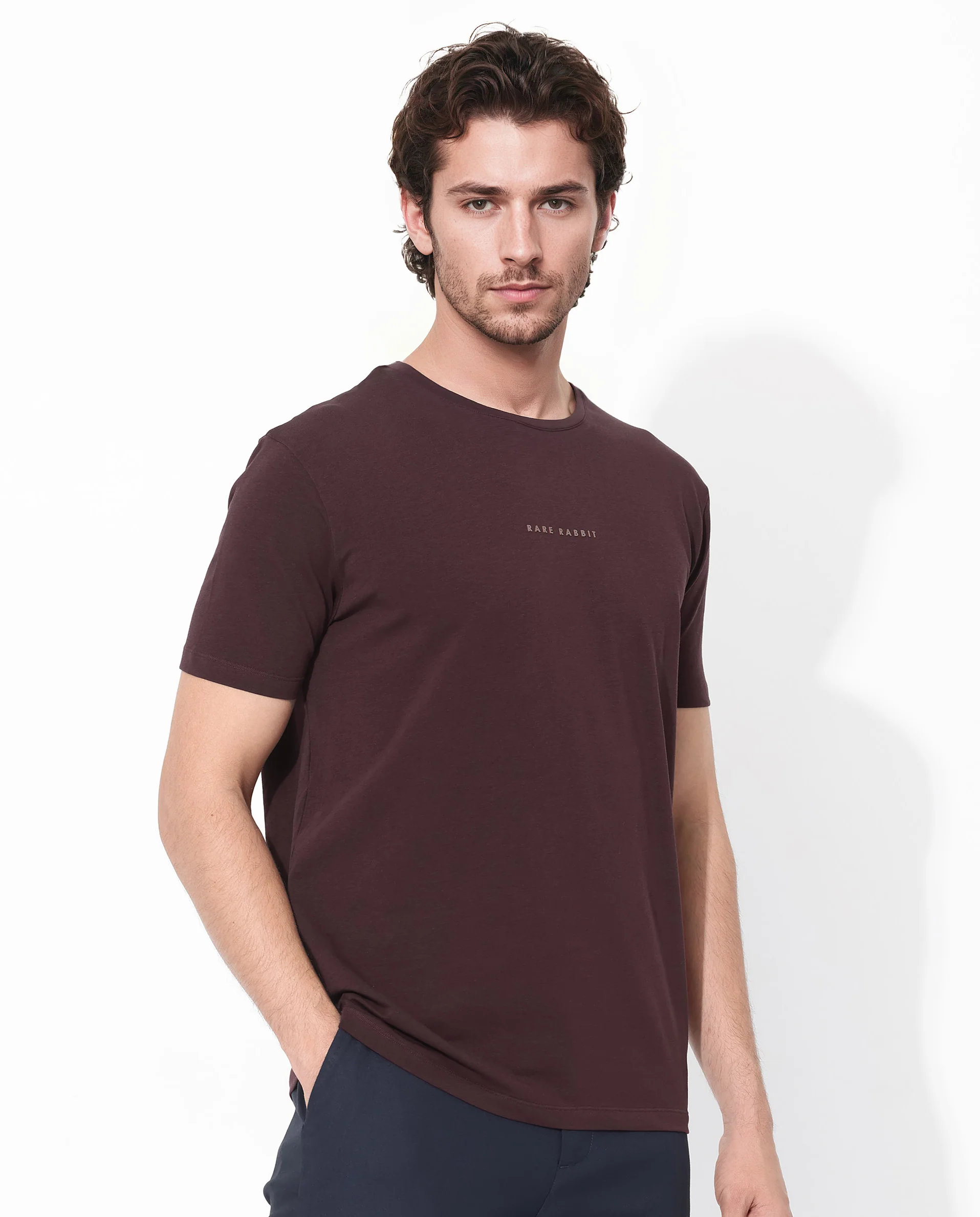 Rare Rabbit Men's Rabbit-Inf Maroon Cotton Blend Plain Regular Fit Half Sleeve Crew Neck T-Shirt - Image 3