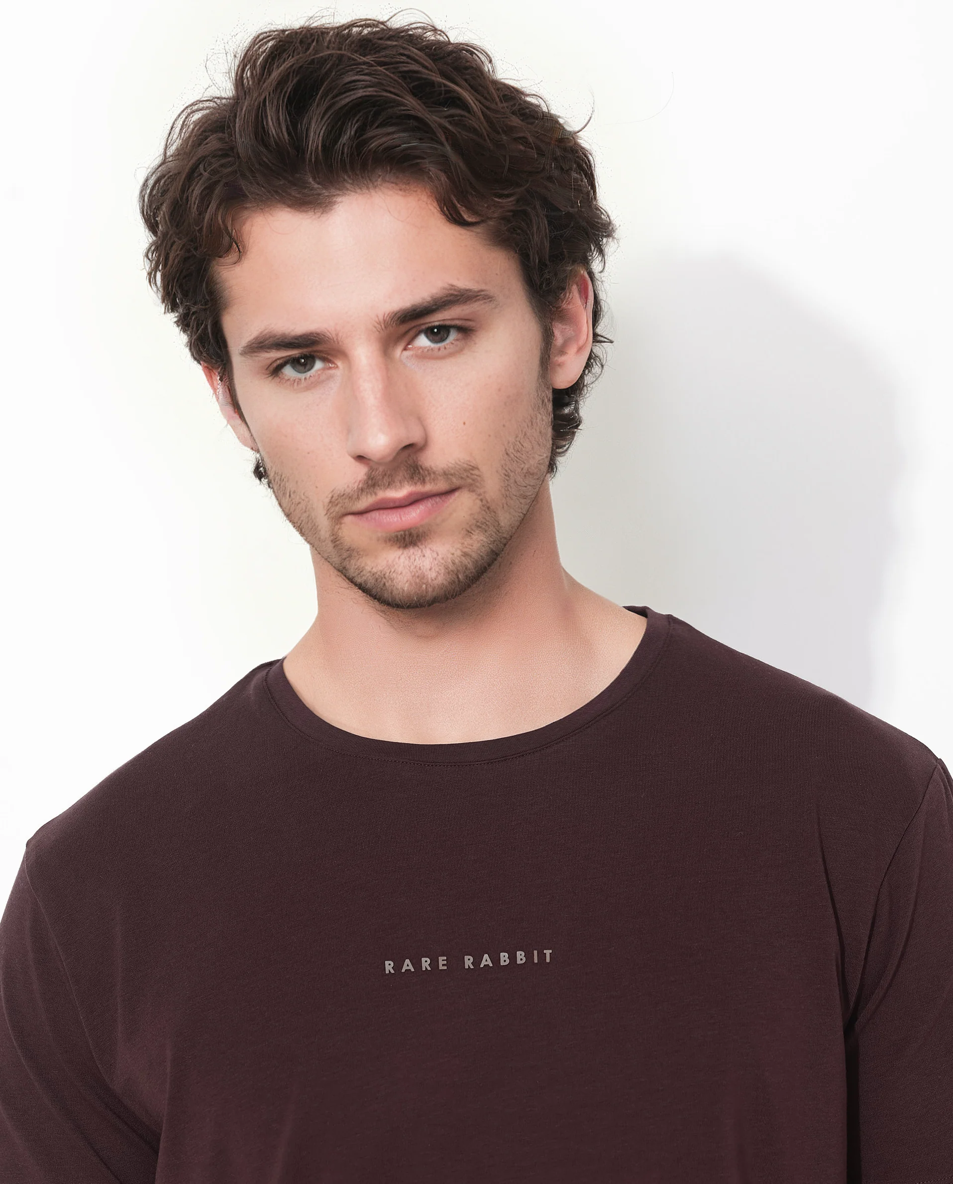 Rare Rabbit Men's Rabbit-Inf Maroon Cotton Blend Plain Regular Fit Half Sleeve Crew Neck T-Shirt - Image 4
