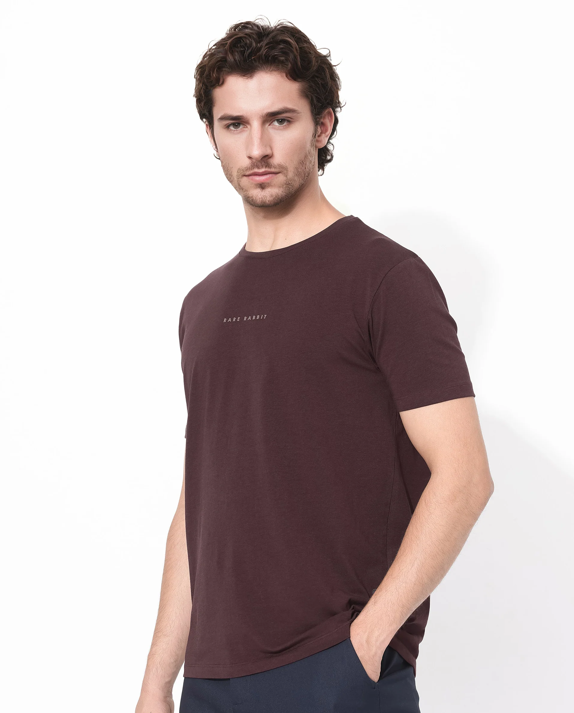 Rare Rabbit Men's Rabbit-Inf Maroon Cotton Blend Plain Regular Fit Half Sleeve Crew Neck T-Shirt - Image 6
