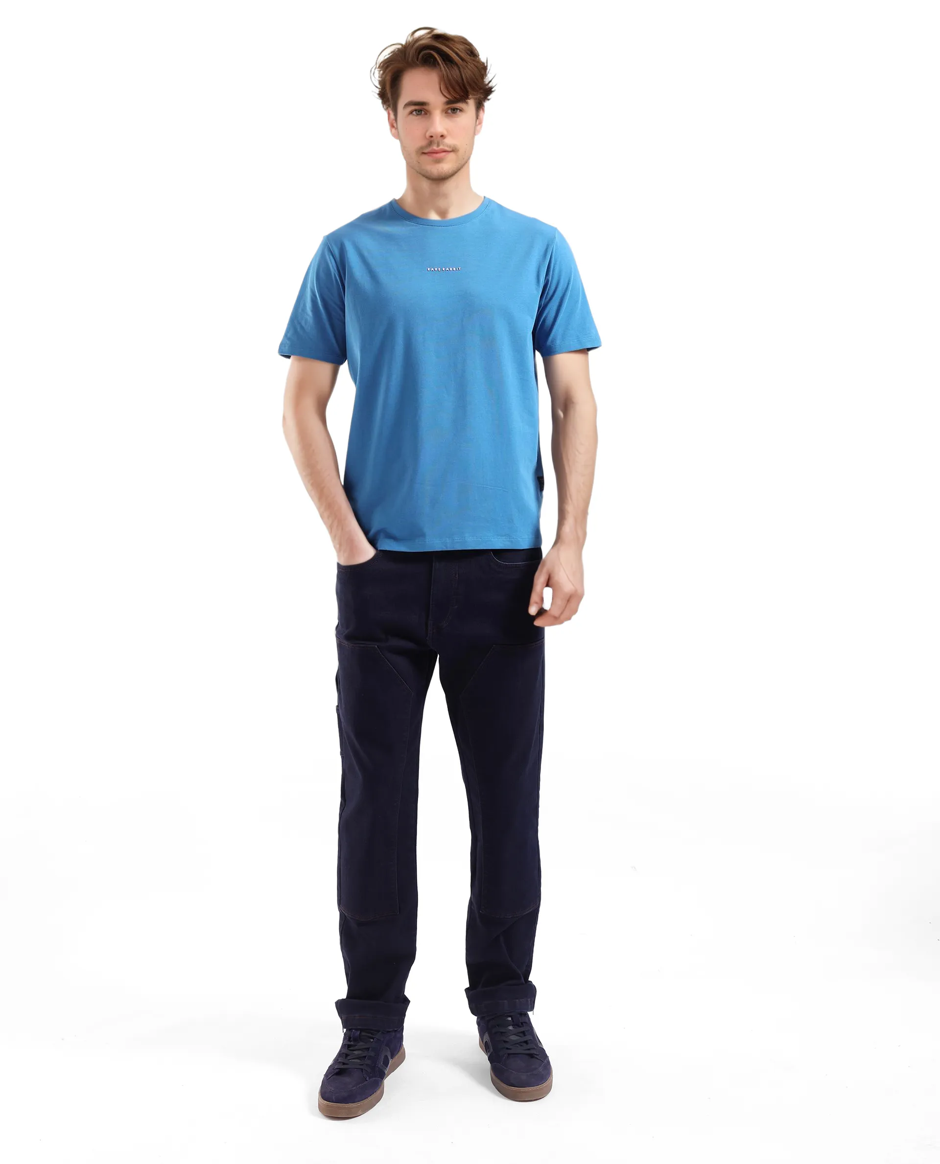 Rare Rabbit Men's Rabbit-Inf Petrol Cotton Blend Plain Regular Fit Half Sleeve Crew Neck T-Shirt - Image 2
