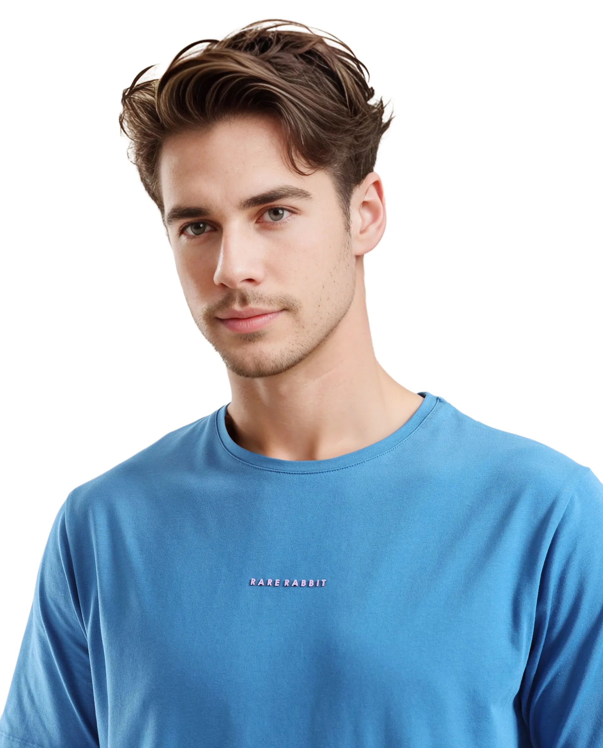 Rare Rabbit Men's Rabbit-Inf Petrol Cotton Blend Plain Regular Fit Half Sleeve Crew Neck T-Shirt - Image 3