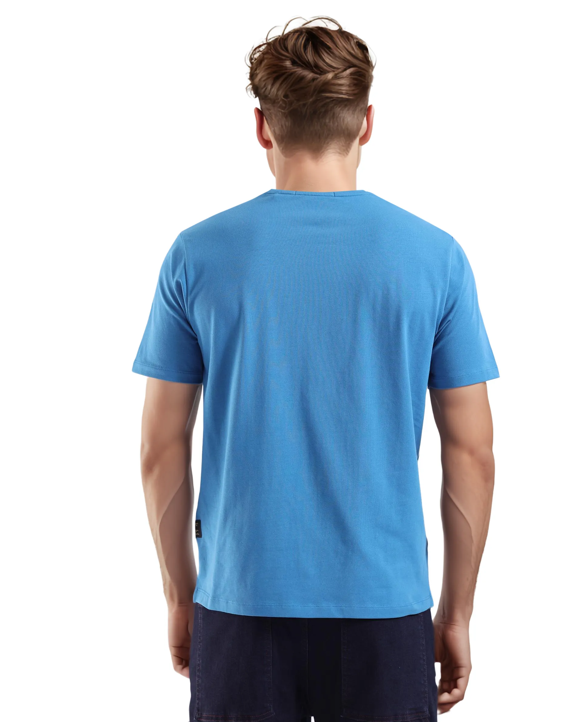 Rare Rabbit Men's Rabbit-Inf Petrol Cotton Blend Plain Regular Fit Half Sleeve Crew Neck T-Shirt - Image 4