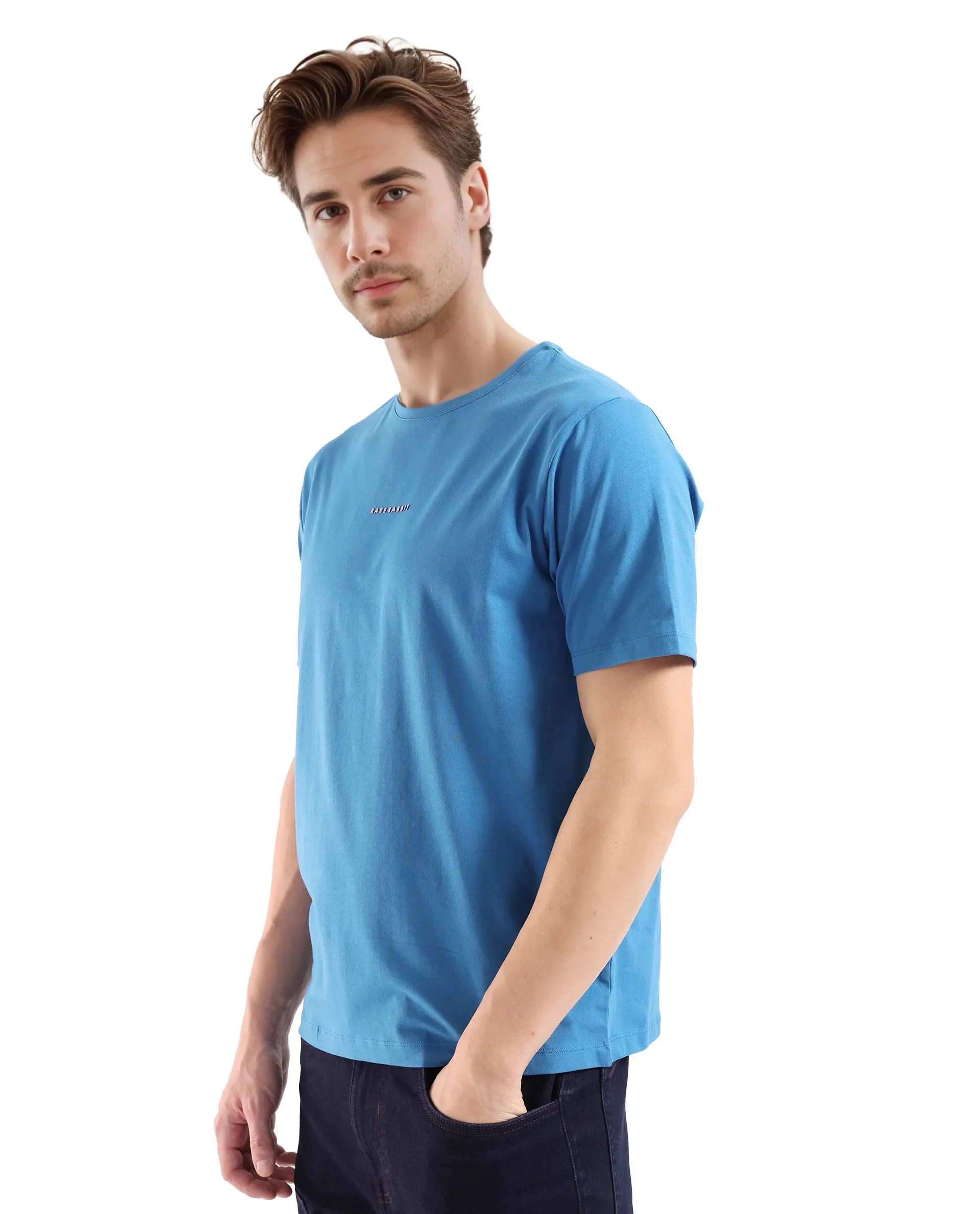 Rare Rabbit Men's Rabbit-Inf Petrol Cotton Blend Plain Regular Fit Half Sleeve Crew Neck T-Shirt - Image 5