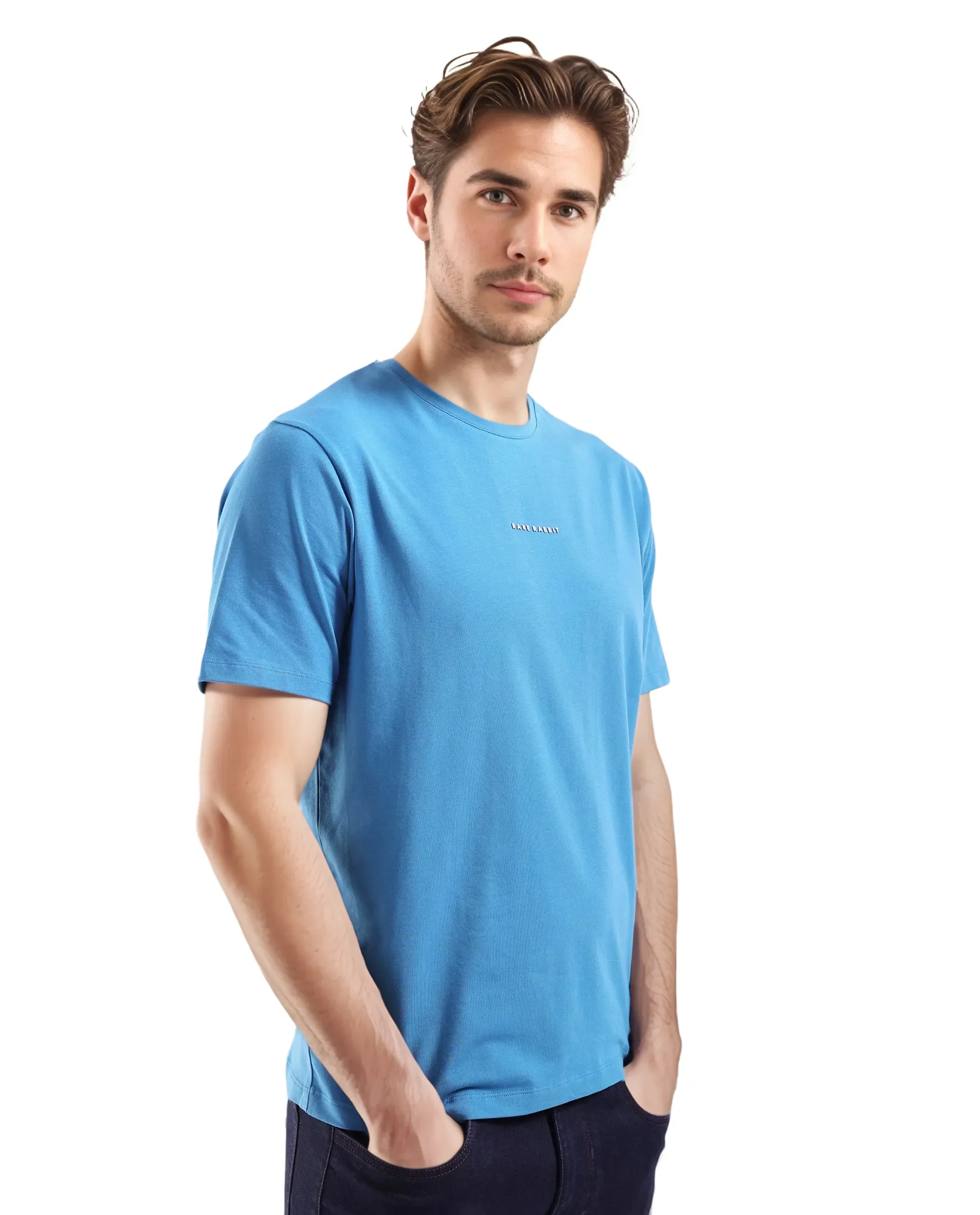 Rare Rabbit Men's Rabbit-Inf Petrol Cotton Blend Plain Regular Fit Half Sleeve Crew Neck T-Shirt - Image 6