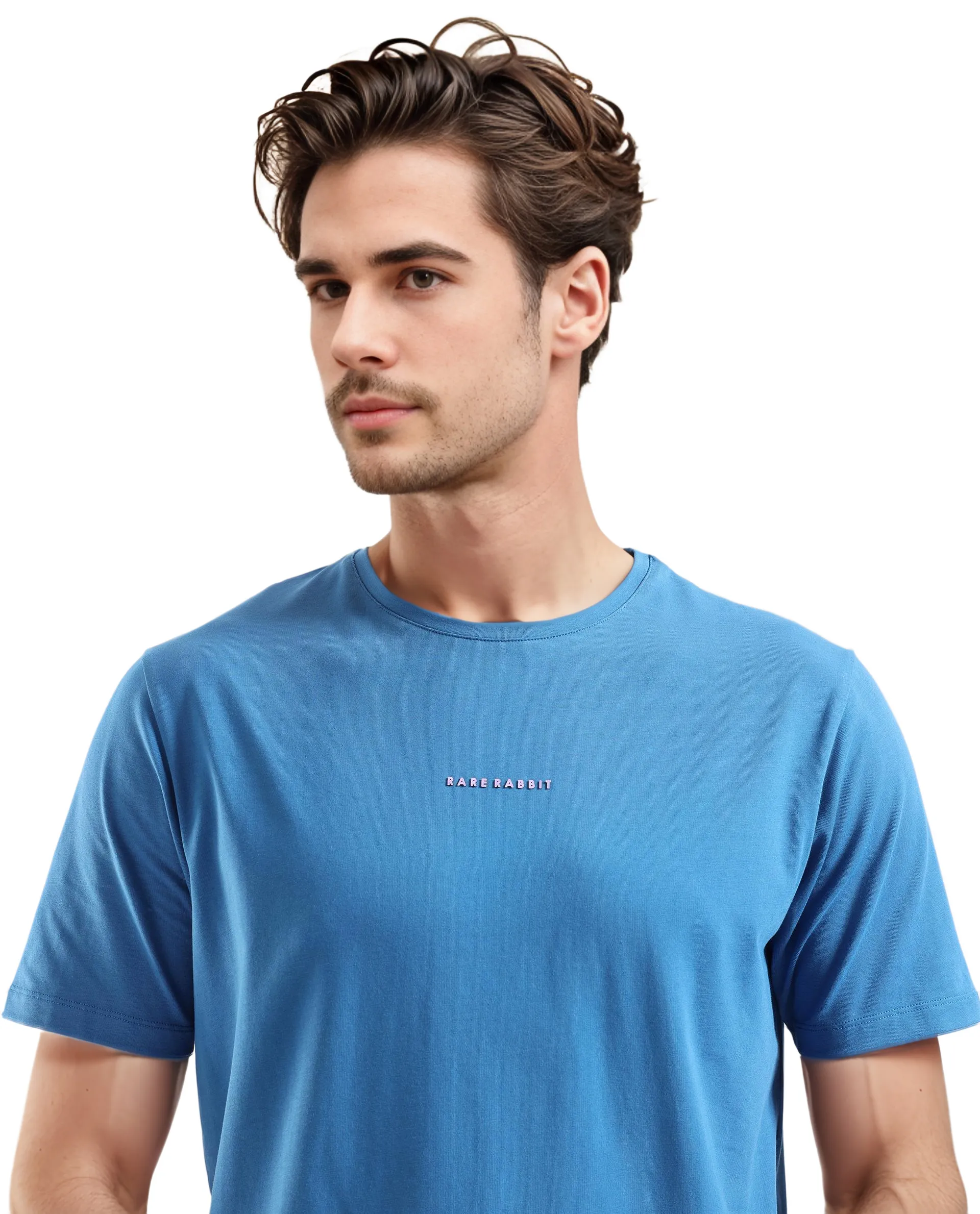 Rare Rabbit Men's Rabbit-Inf Petrol Cotton Blend Plain Regular Fit Half Sleeve Crew Neck T-Shirt - Image 7