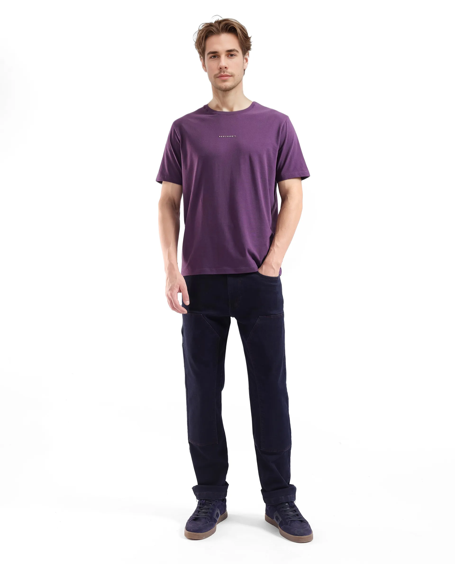 Rare Rabbit Men's Rabbit-Inf Purple Cotton Blend Plain Regular Fit Half Sleeve Crew Neck T-Shirt - Image 2