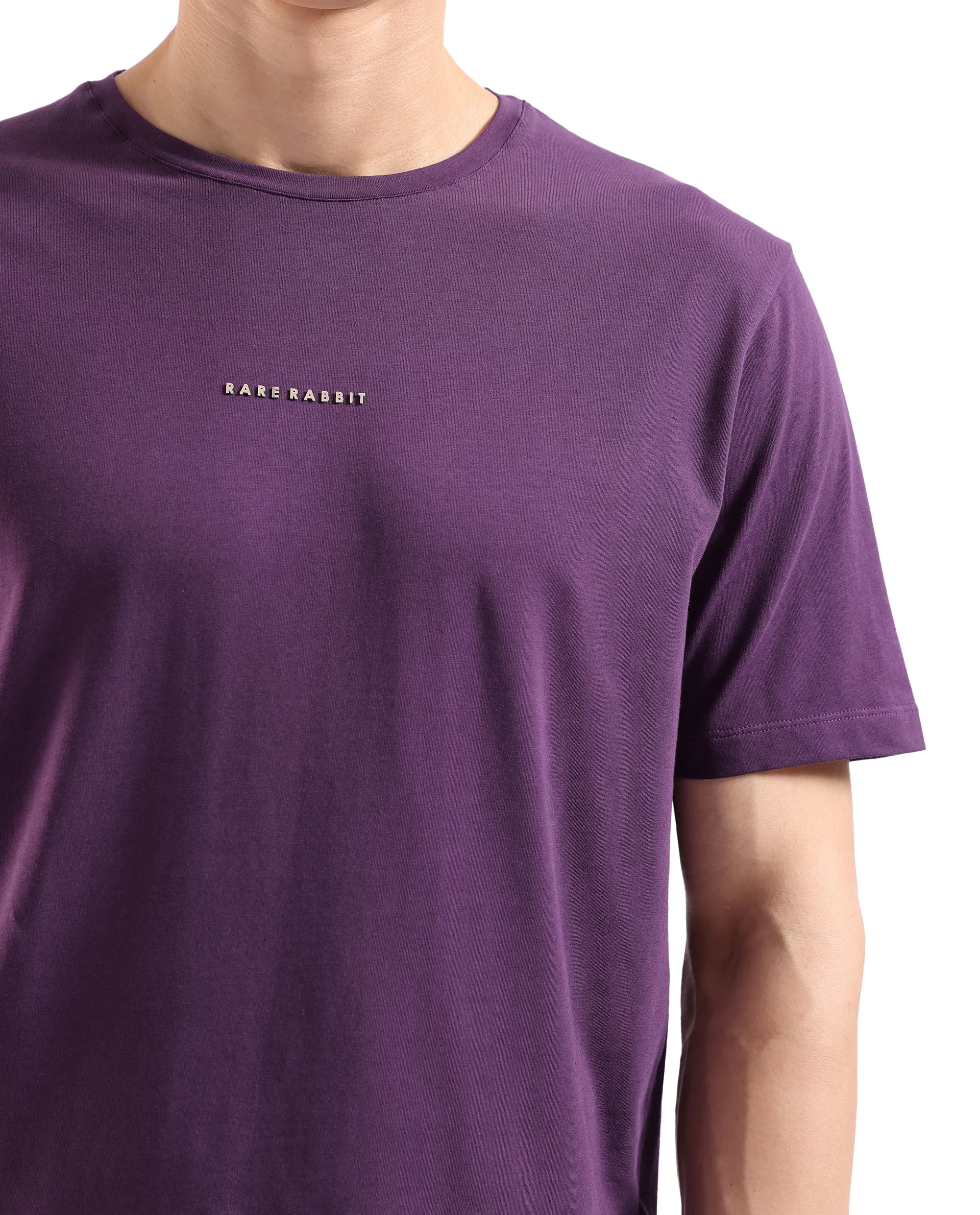 Rare Rabbit Men's Rabbit-Inf Purple Cotton Blend Plain Regular Fit Half Sleeve Crew Neck T-Shirt - Image 3