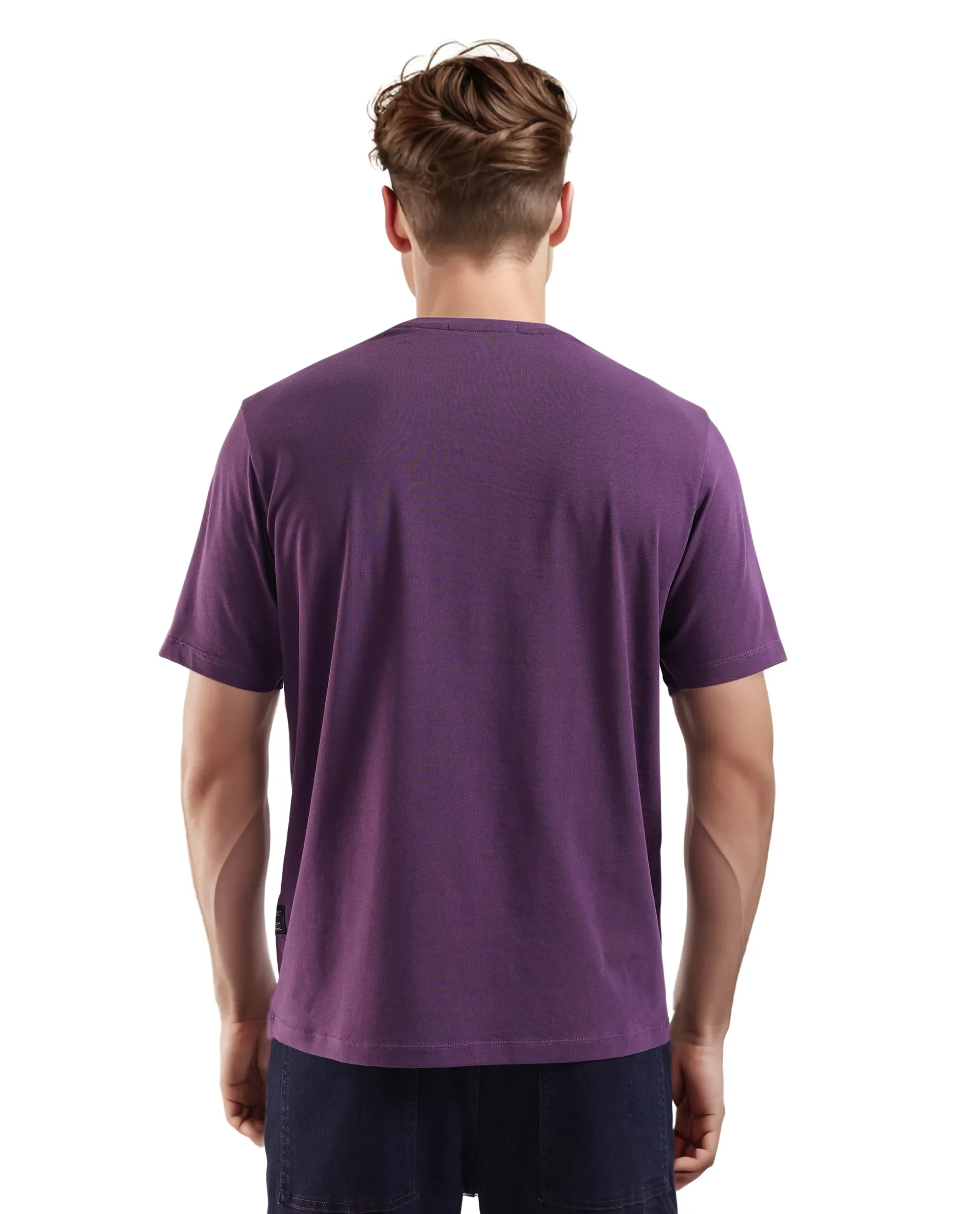Rare Rabbit Men's Rabbit-Inf Purple Cotton Blend Plain Regular Fit Half Sleeve Crew Neck T-Shirt - Image 4