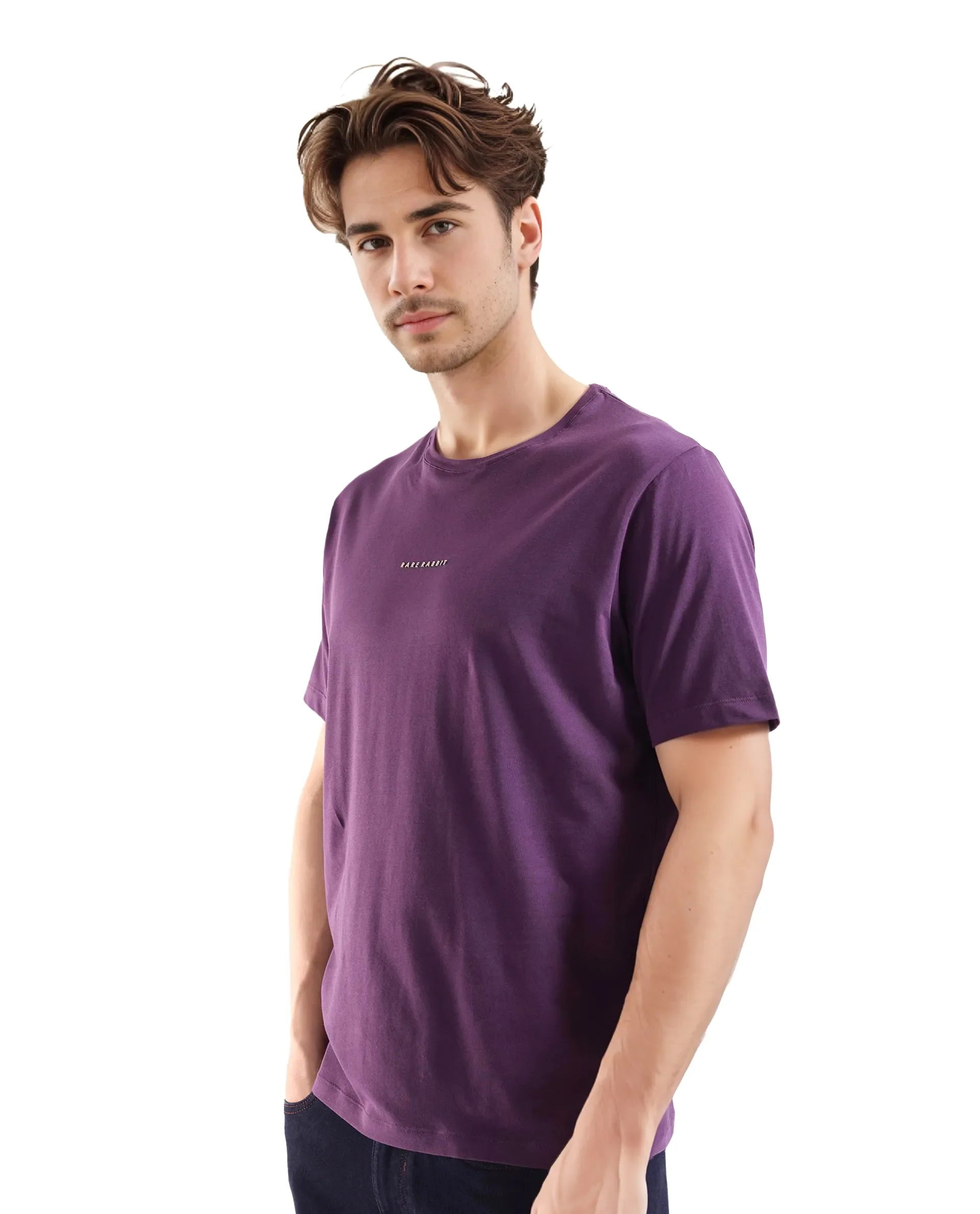 Rare Rabbit Men's Rabbit-Inf Purple Cotton Blend Plain Regular Fit Half Sleeve Crew Neck T-Shirt - Image 5
