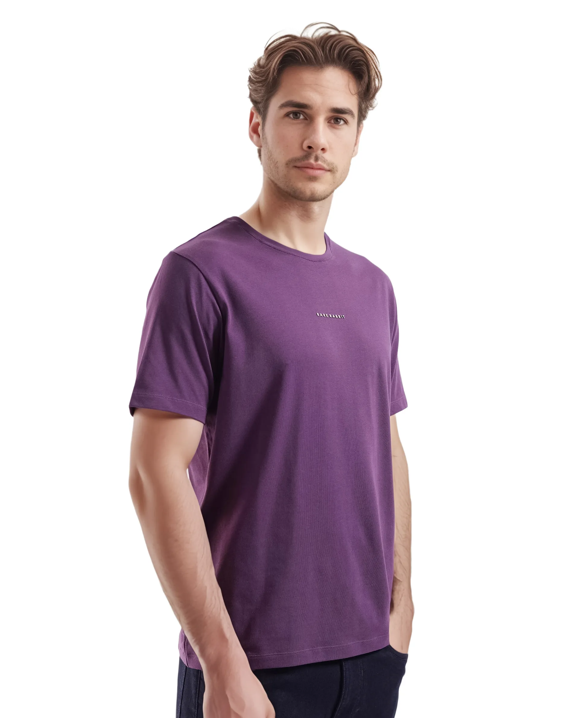 Rare Rabbit Men's Rabbit-Inf Purple Cotton Blend Plain Regular Fit Half Sleeve Crew Neck T-Shirt - Image 6