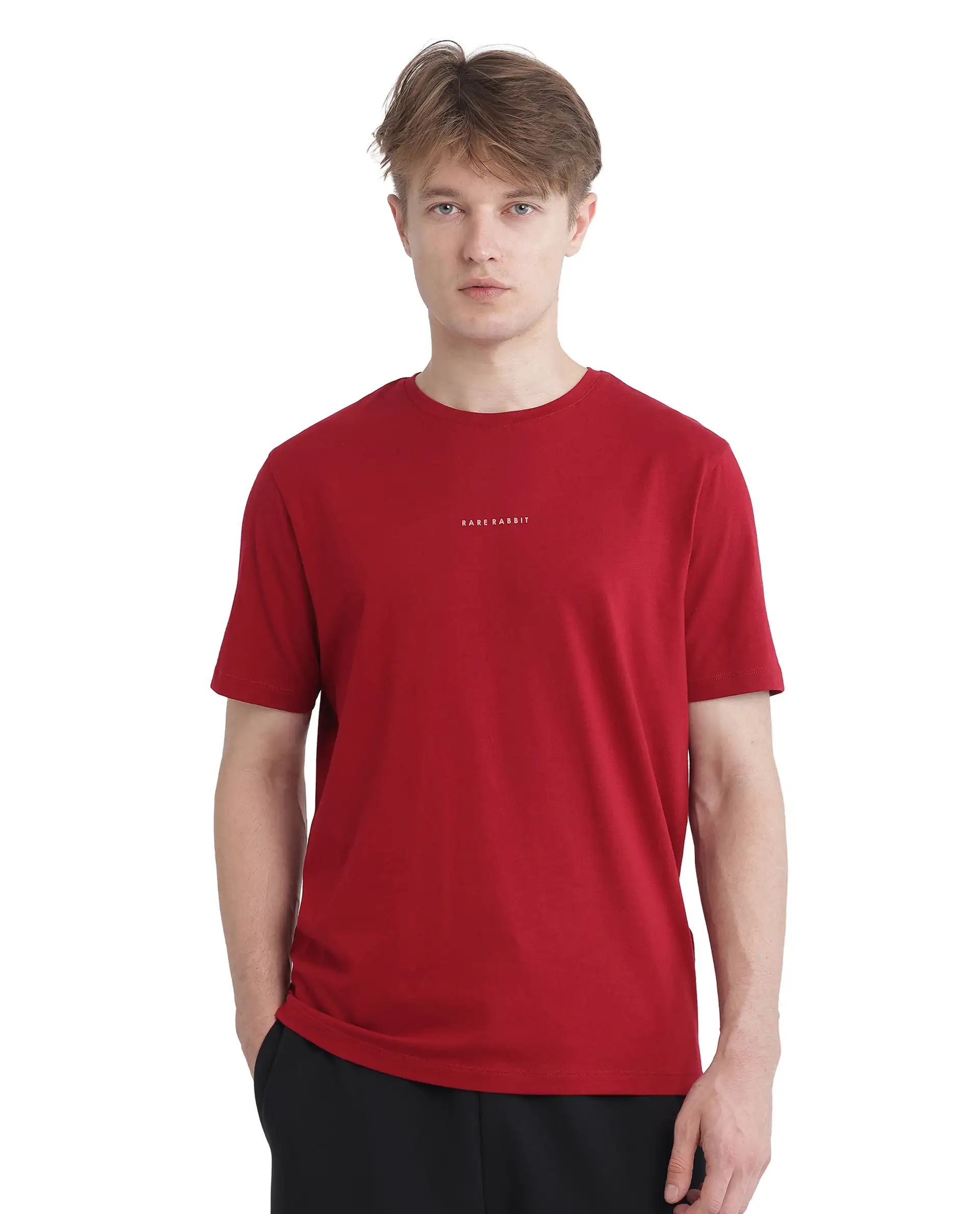 Rare Rabbit Men's Rabbit-Inf Red Cotton Plain Regular Fit Half Sleeve Crew Neck T-Shirt - Image 2