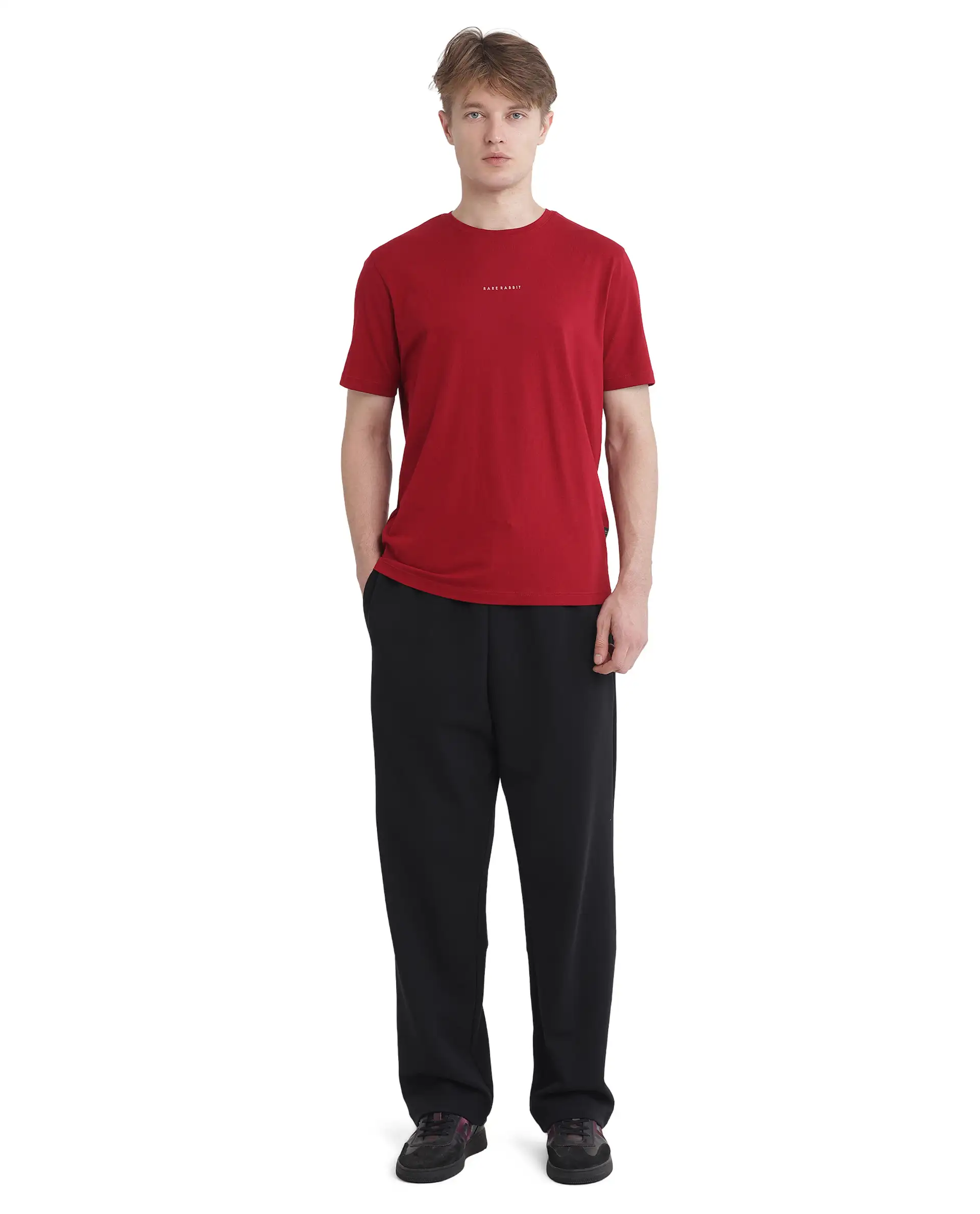 Rare Rabbit Men's Rabbit-Inf Red Cotton Plain Regular Fit Half Sleeve Crew Neck T-Shirt - Image 3