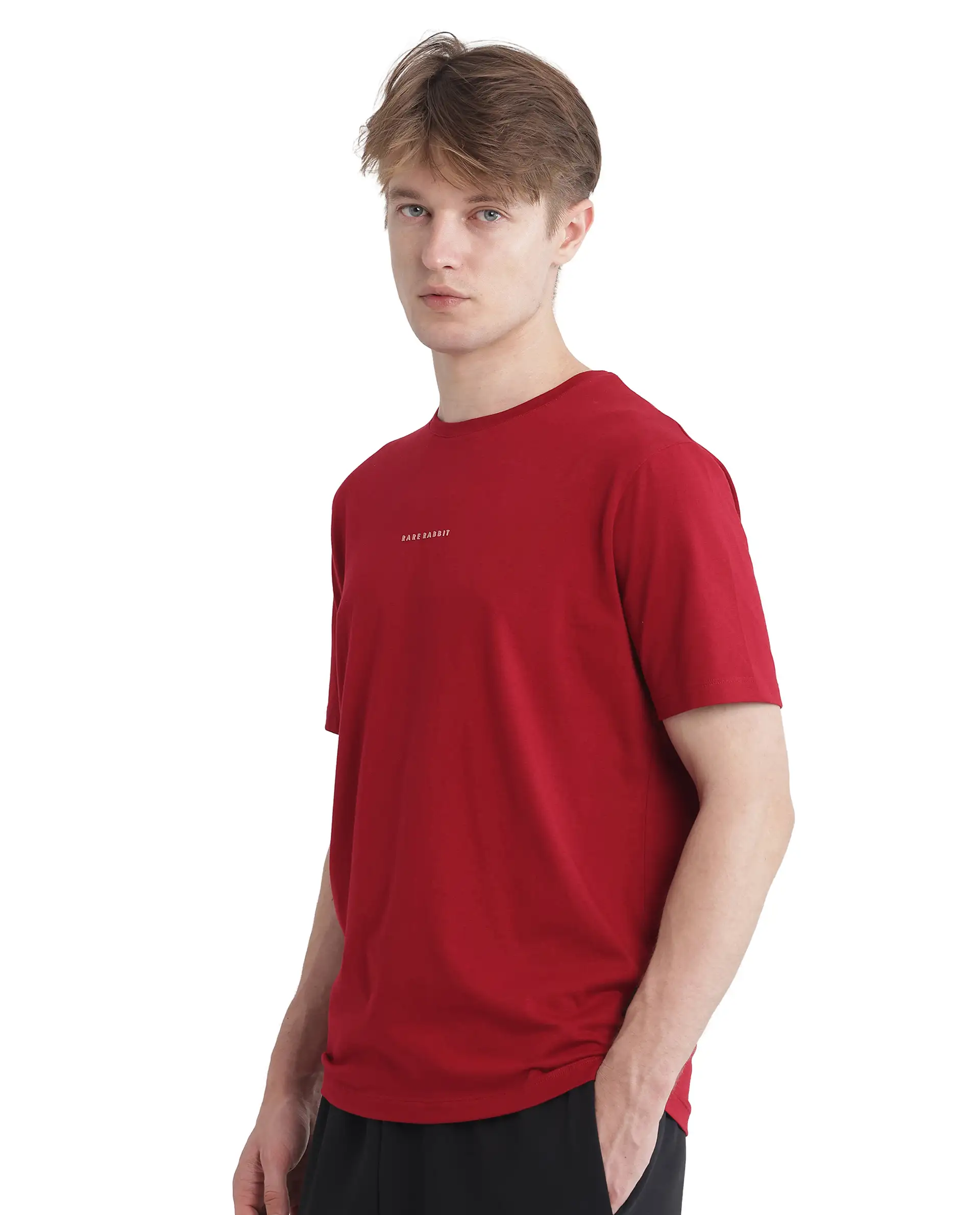 Rare Rabbit Men's Rabbit-Inf Red Cotton Plain Regular Fit Half Sleeve Crew Neck T-Shirt - Image 8