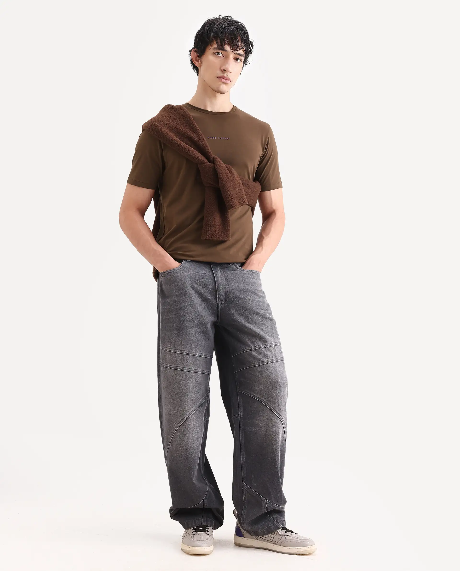 Rare Rabbit Men's Rabbit-S26 Brown Cotton Blend Fabric Half Sleeve Crew Neck Regular Fit Plain T-Shirt - Image 2