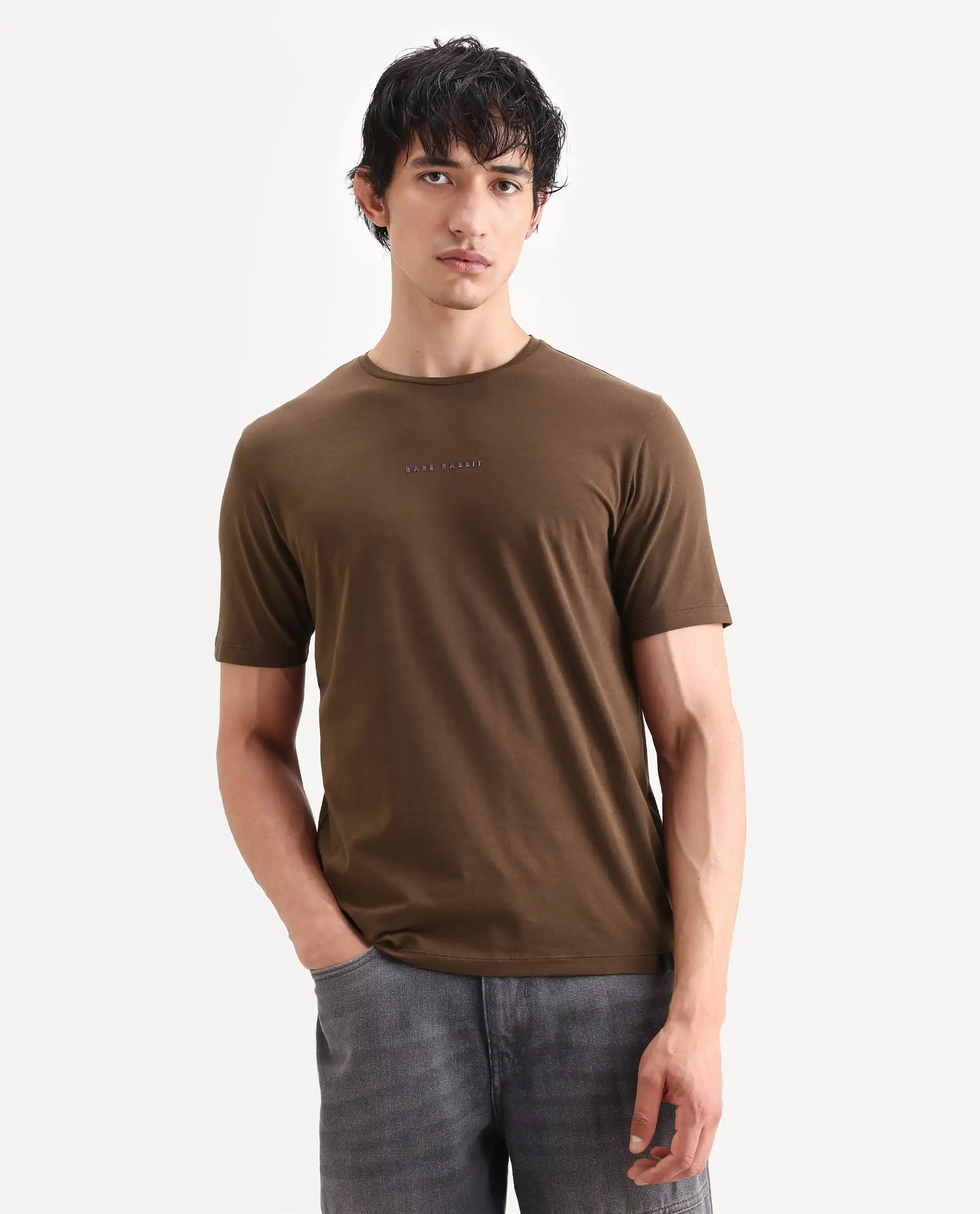 Rare Rabbit Men's Rabbit-S26 Brown Cotton Blend Fabric Half Sleeve Crew Neck Regular Fit Plain T-Shirt - Image 3