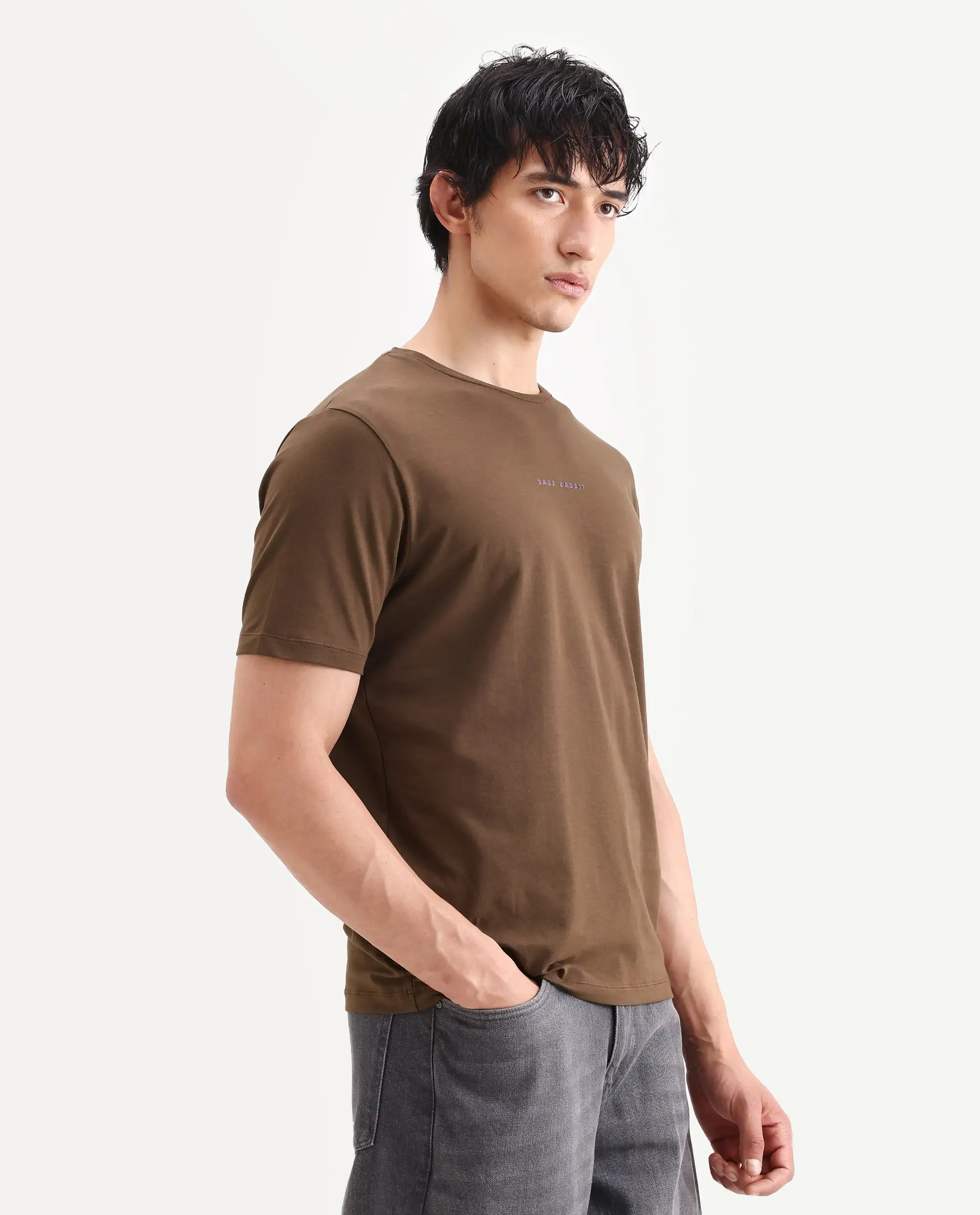 Rare Rabbit Men's Rabbit-S26 Brown Cotton Blend Fabric Half Sleeve Crew Neck Regular Fit Plain T-Shirt - Image 5