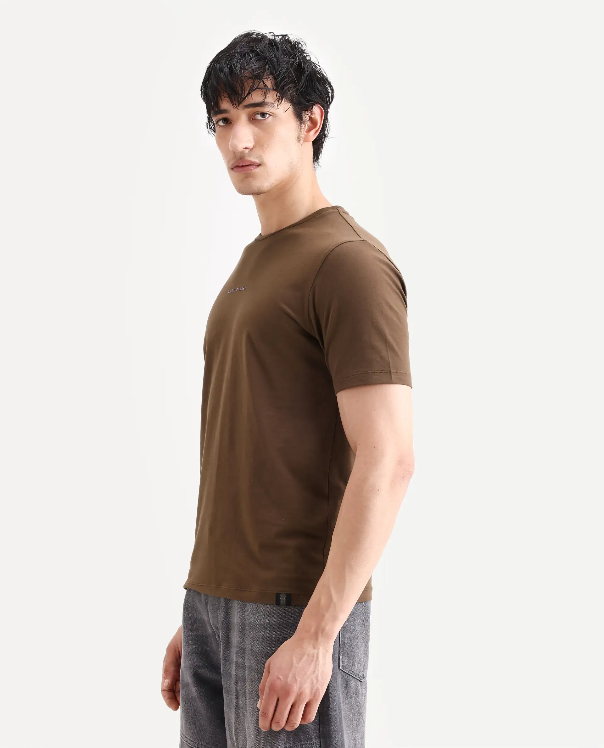 Rare Rabbit Men's Rabbit-S26 Brown Cotton Blend Fabric Half Sleeve Crew Neck Regular Fit Plain T-Shirt - Image 6