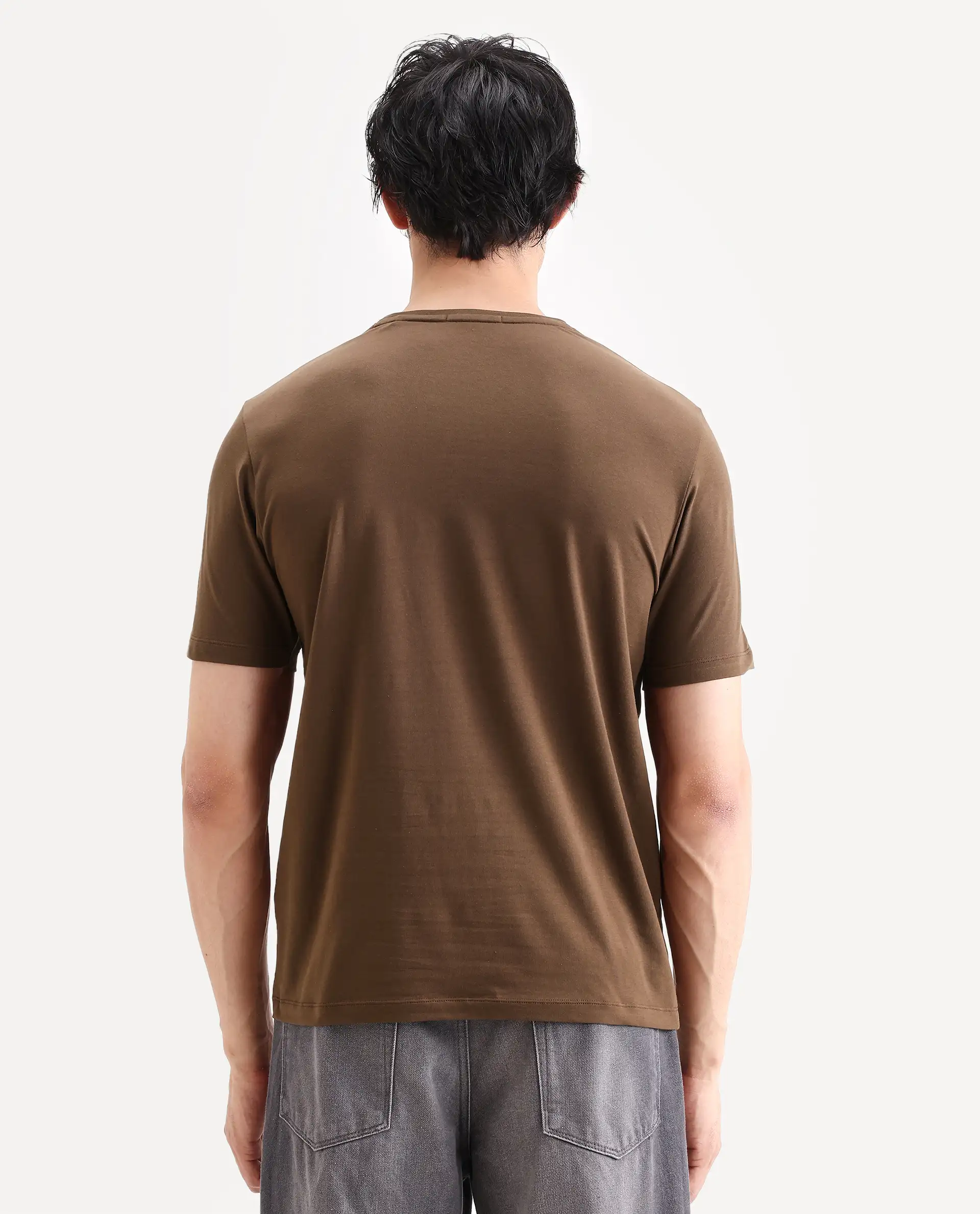 Rare Rabbit Men's Rabbit-S26 Brown Cotton Blend Fabric Half Sleeve Crew Neck Regular Fit Plain T-Shirt - Image 7