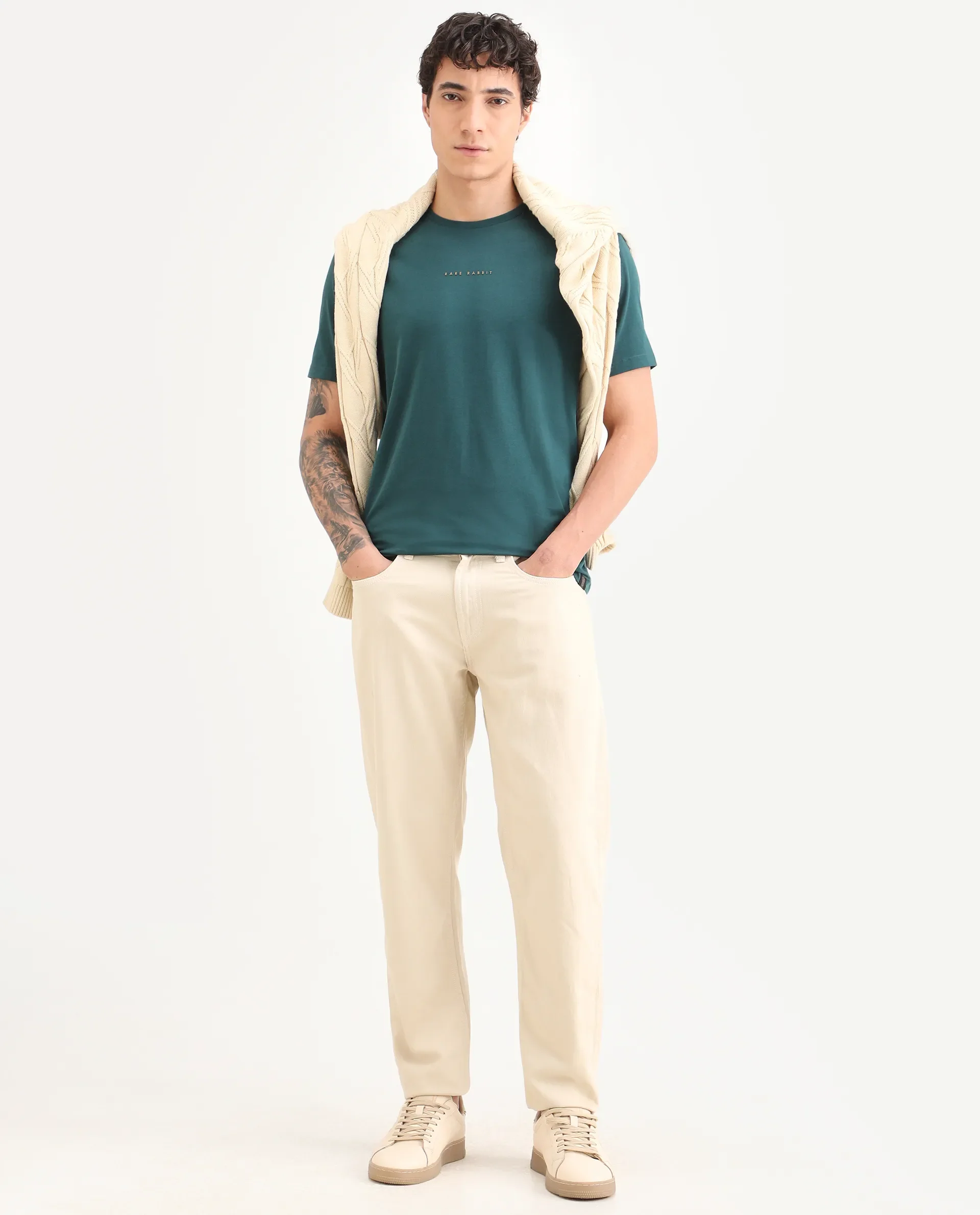 Rare Rabbit Men's Rabbit-S26 Dark Green Cotton Blend Fabric Half Sleeve Crew Neck Regular Fit Plain T-Shirt - Image 2