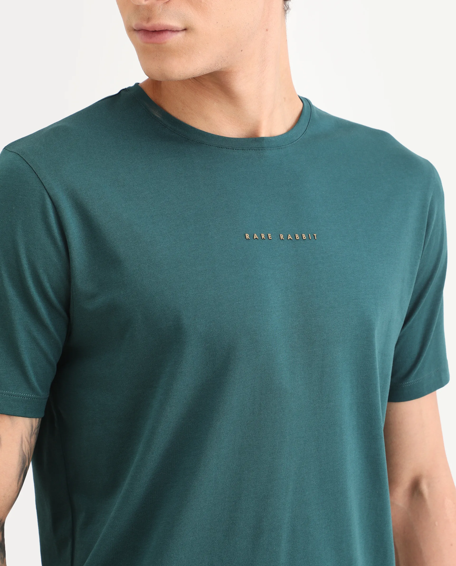 Rare Rabbit Men's Rabbit-S26 Dark Green Cotton Blend Fabric Half Sleeve Crew Neck Regular Fit Plain T-Shirt - Image 3