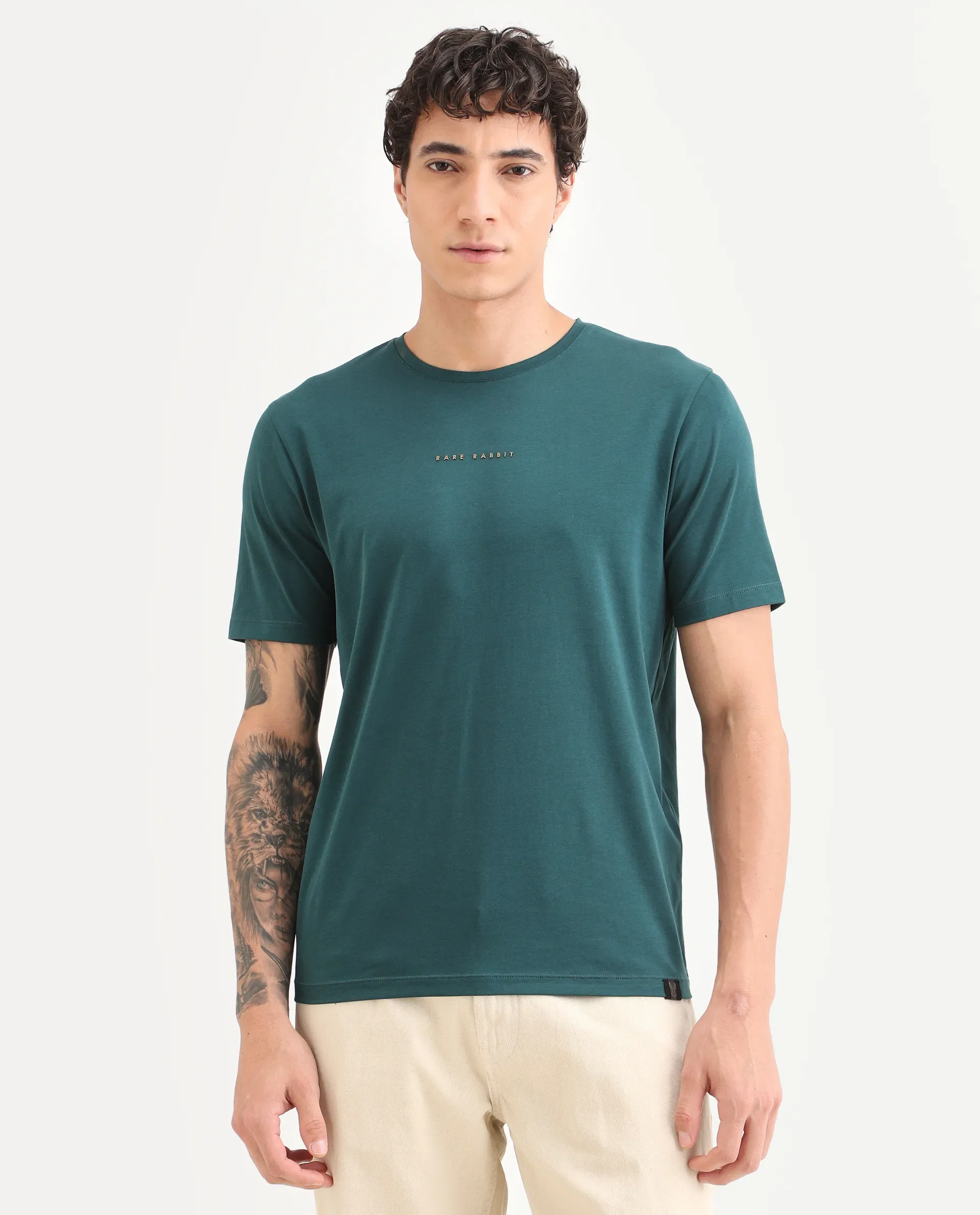 Rare Rabbit Men's Rabbit-S26 Dark Green Cotton Blend Fabric Half Sleeve Crew Neck Regular Fit Plain T-Shirt - Image 4