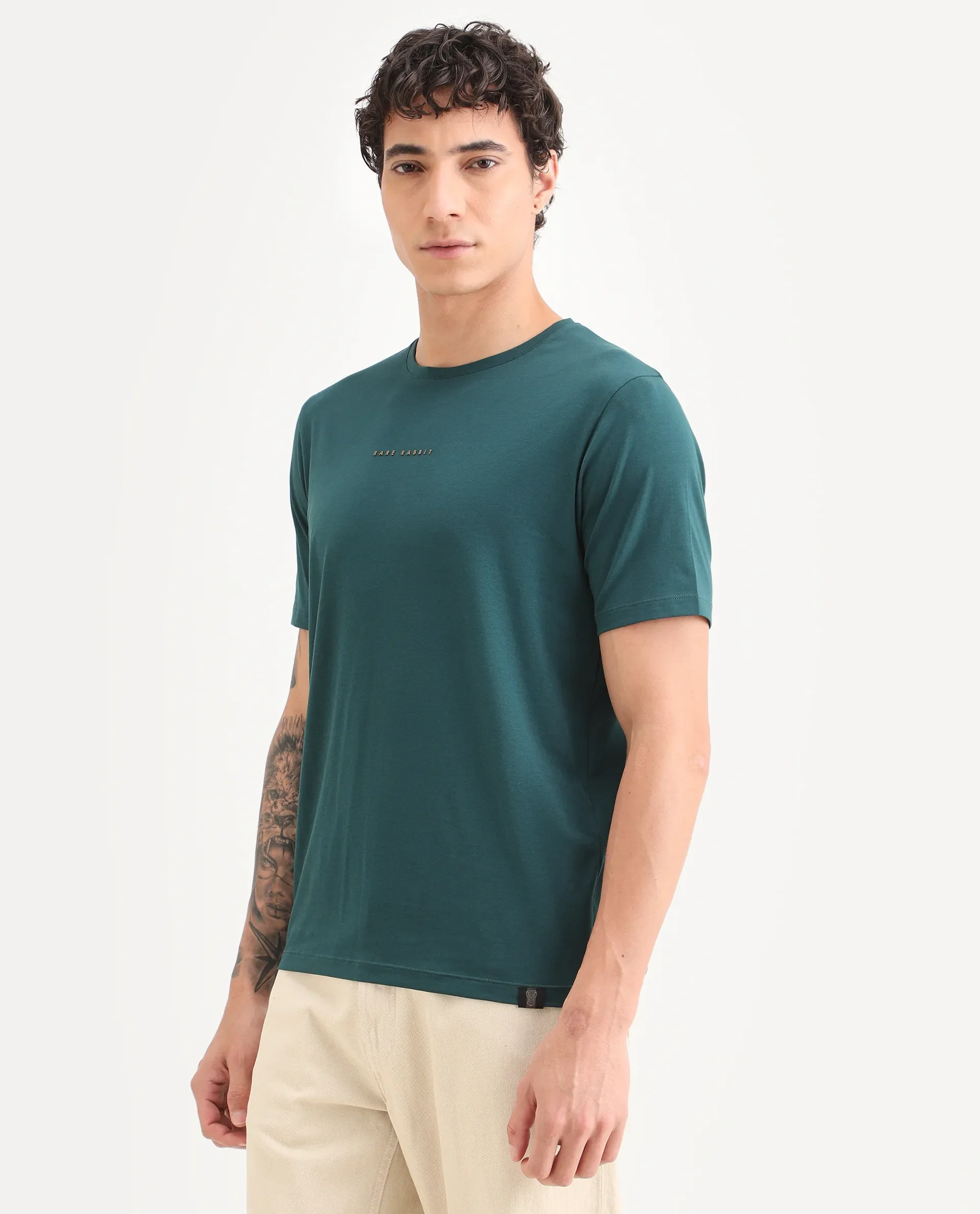 Rare Rabbit Men's Rabbit-S26 Dark Green Cotton Blend Fabric Half Sleeve Crew Neck Regular Fit Plain T-Shirt - Image 5
