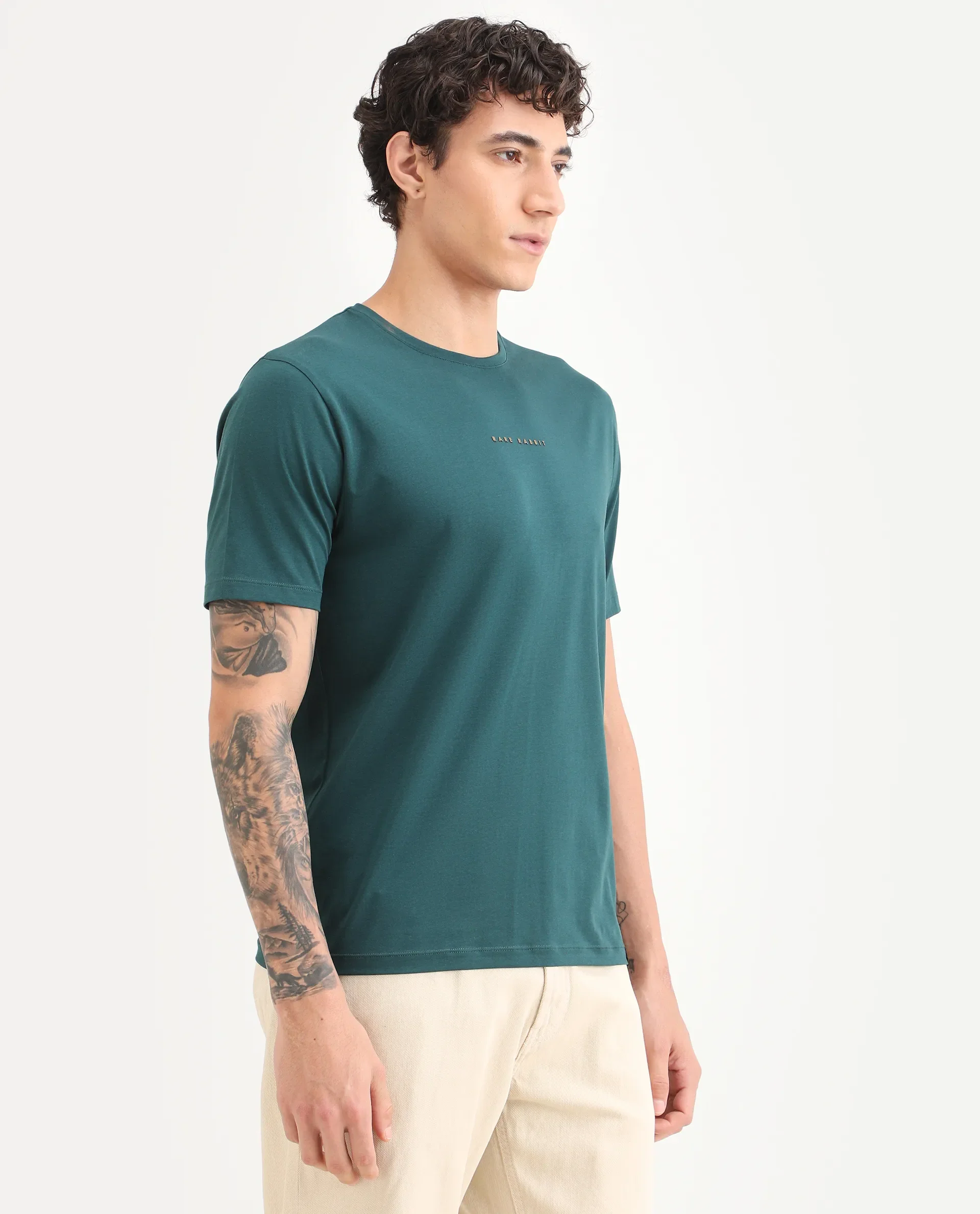 Rare Rabbit Men's Rabbit-S26 Dark Green Cotton Blend Fabric Half Sleeve Crew Neck Regular Fit Plain T-Shirt - Image 6