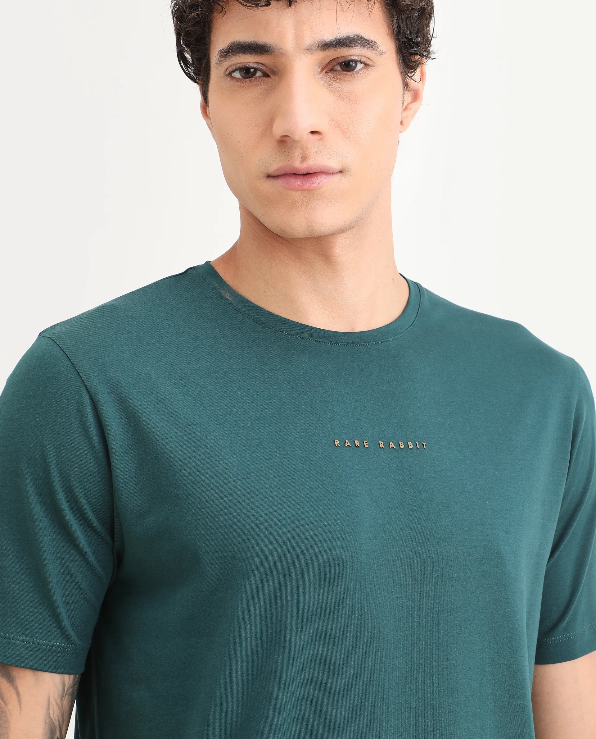 Rare Rabbit Men's Rabbit-S26 Dark Green Cotton Blend Fabric Half Sleeve Crew Neck Regular Fit Plain T-Shirt - Image 7