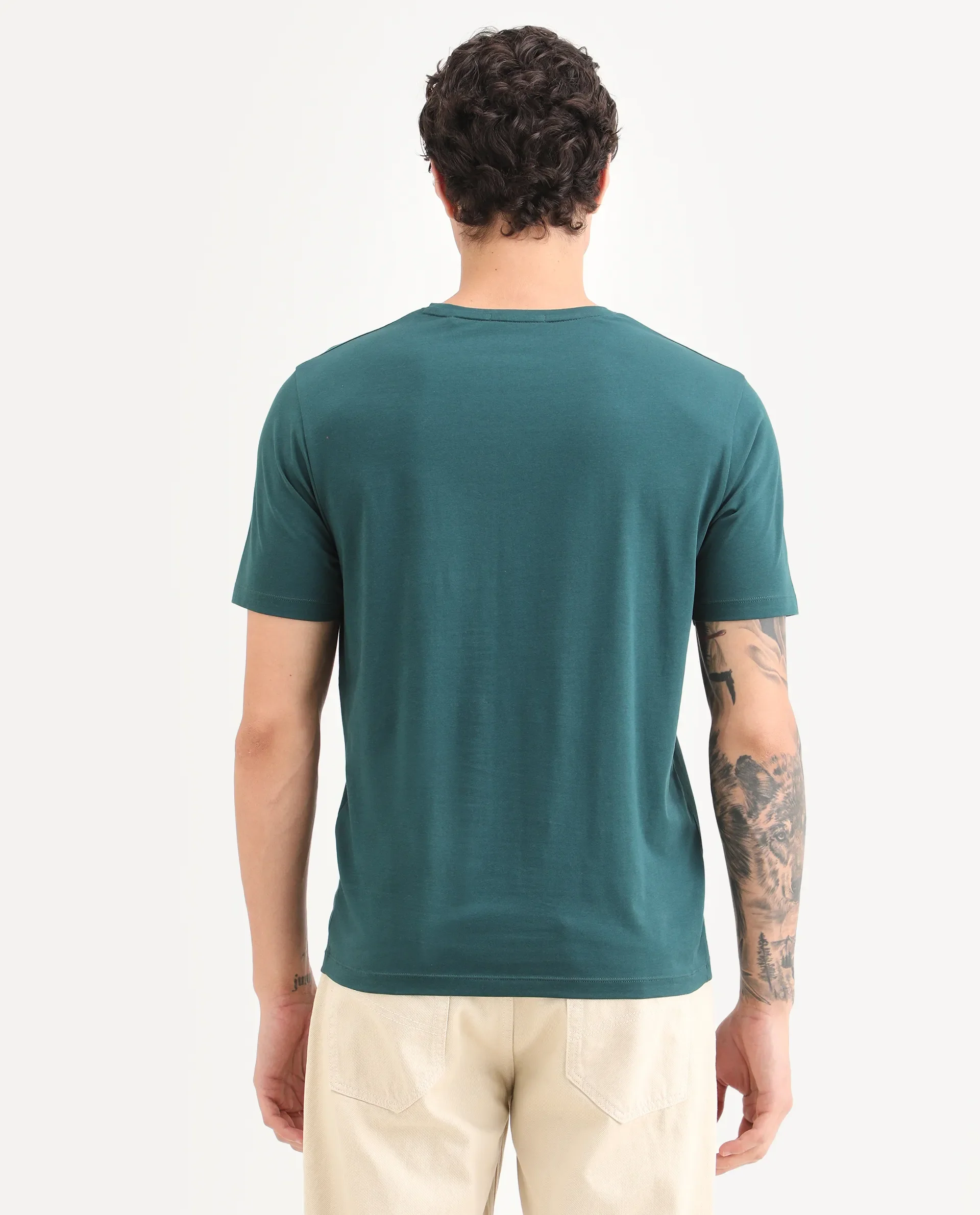 Rare Rabbit Men's Rabbit-S26 Dark Green Cotton Blend Fabric Half Sleeve Crew Neck Regular Fit Plain T-Shirt - Image 8