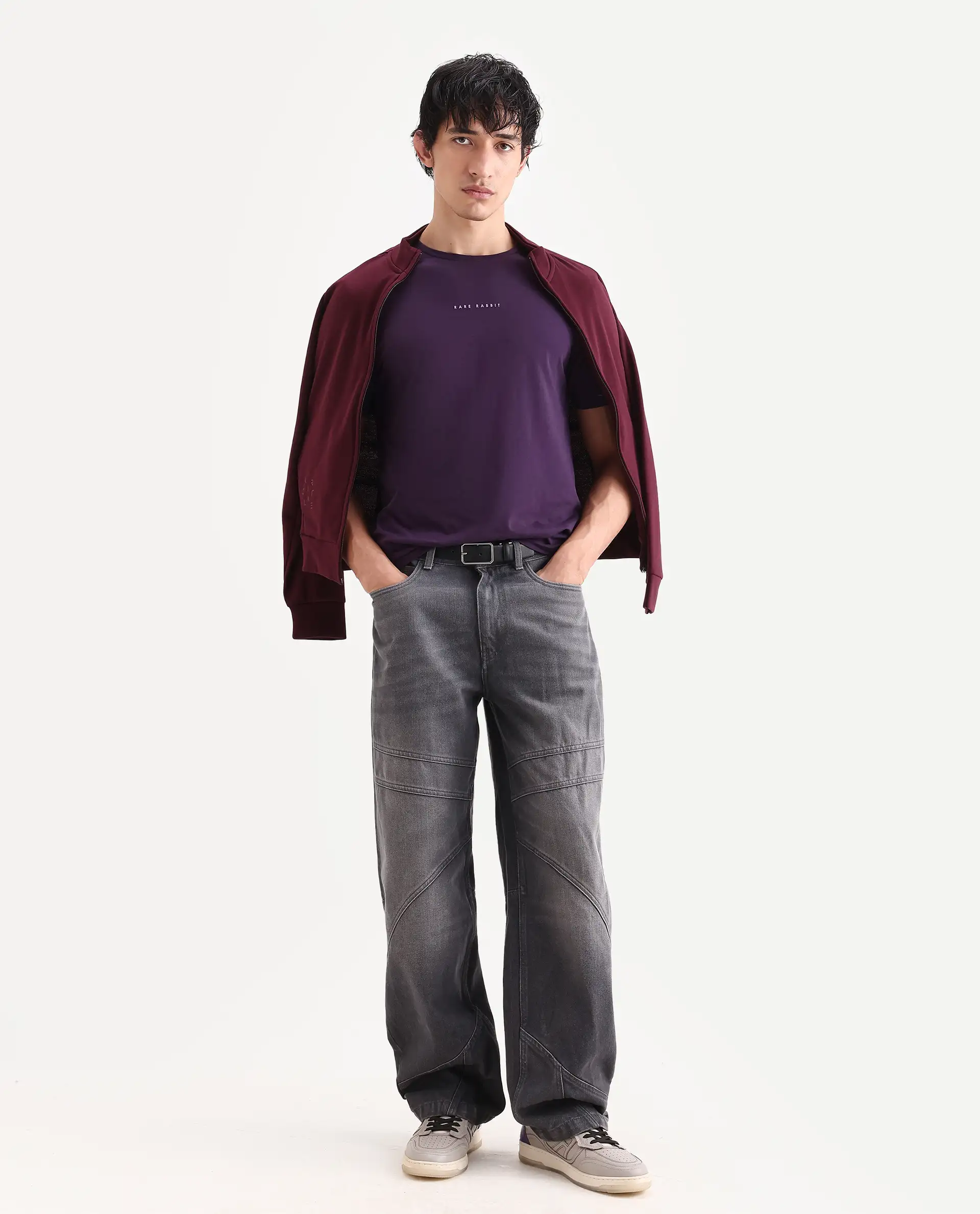 Rare Rabbit Men's Rabbit-S26 Dark Purple Cotton Blend Fabric Half Sleeve Crew Neck Regular Fit Plain T-Shirt - Image 2