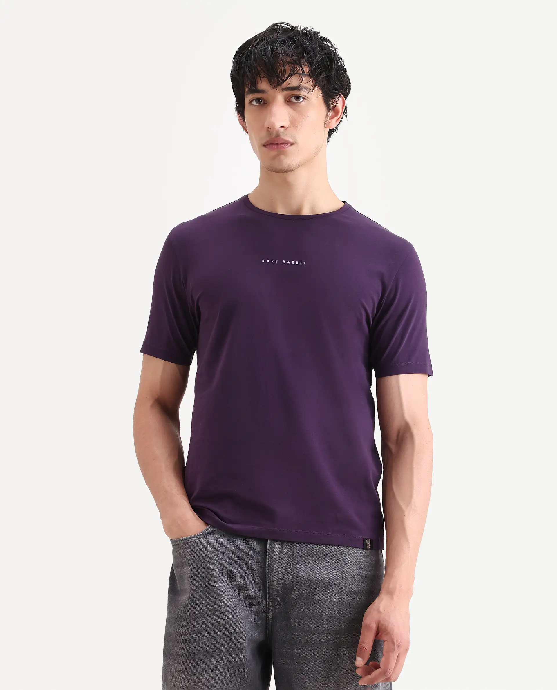 Rare Rabbit Men's Rabbit-S26 Dark Purple Cotton Blend Fabric Half Sleeve Crew Neck Regular Fit Plain T-Shirt - Image 3