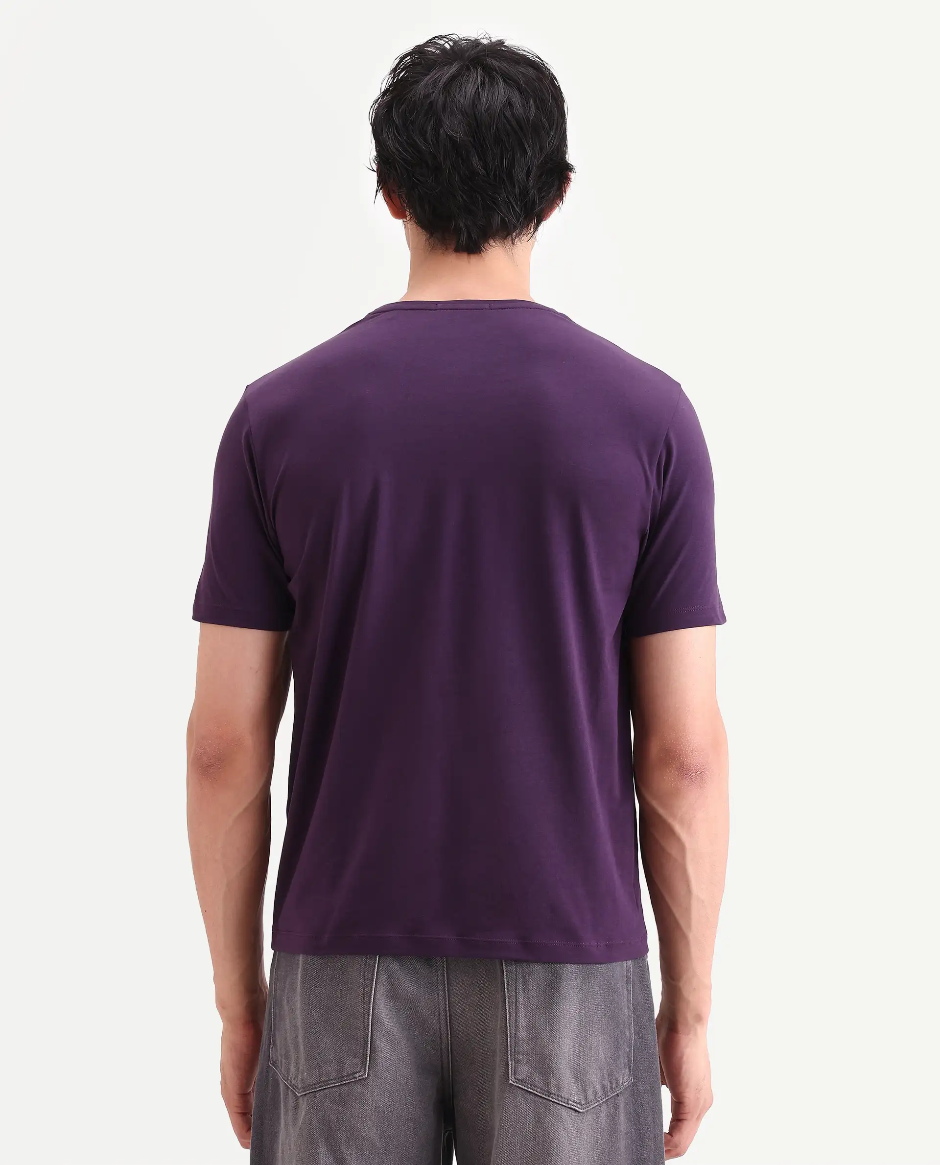 Rare Rabbit Men's Rabbit-S26 Dark Purple Cotton Blend Fabric Half Sleeve Crew Neck Regular Fit Plain T-Shirt - Image 7