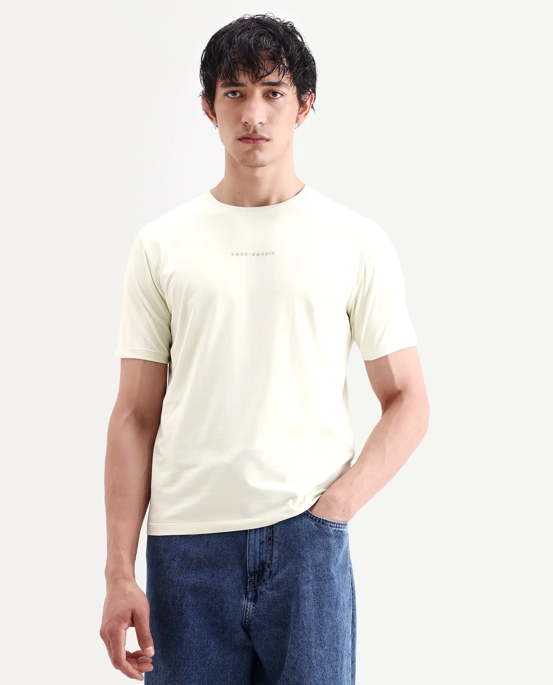 Rare Rabbit Men's Rabbit-S26 Light Green Cotton Blend Fabric Half Sleeve Crew Neck Regular Fit Plain T-Shirt - Image 3