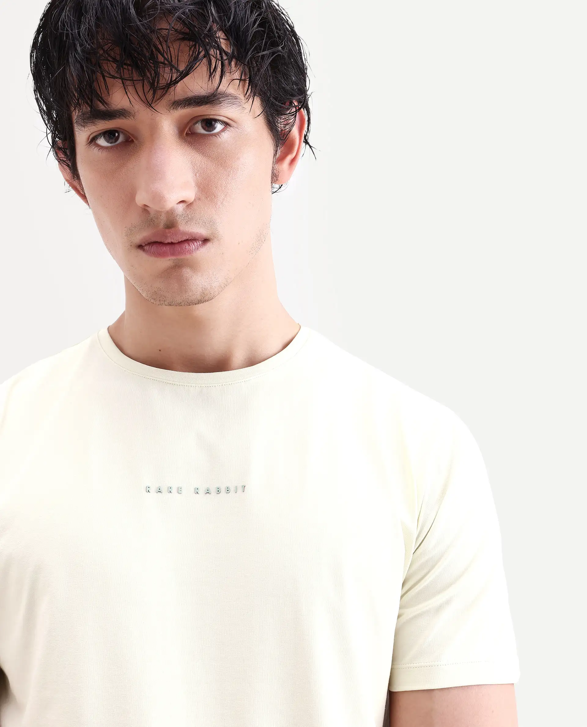 Rare Rabbit Men's Rabbit-S26 Light Green Cotton Blend Fabric Half Sleeve Crew Neck Regular Fit Plain T-Shirt - Image 4