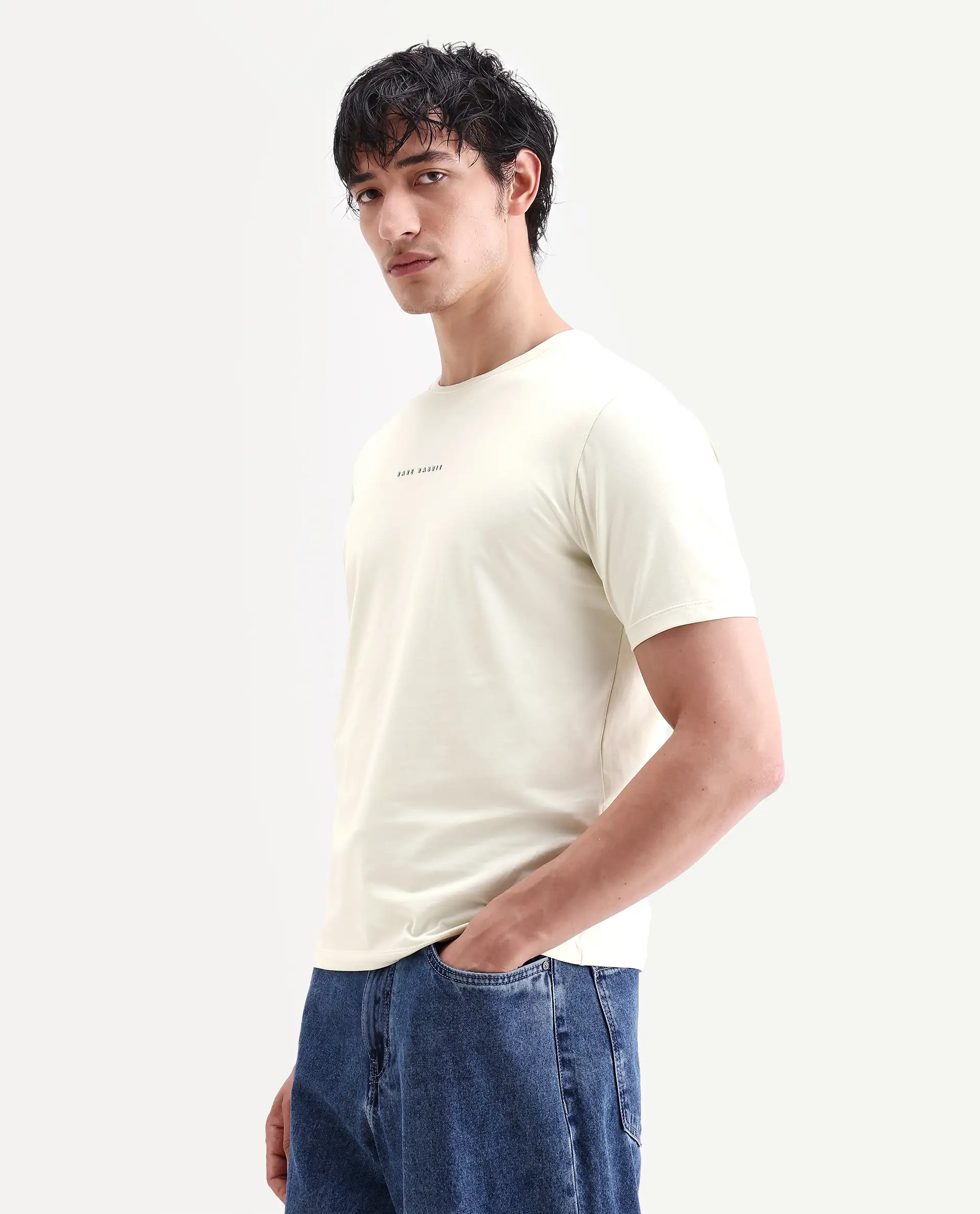 Rare Rabbit Men's Rabbit-S26 Light Green Cotton Blend Fabric Half Sleeve Crew Neck Regular Fit Plain T-Shirt - Image 5
