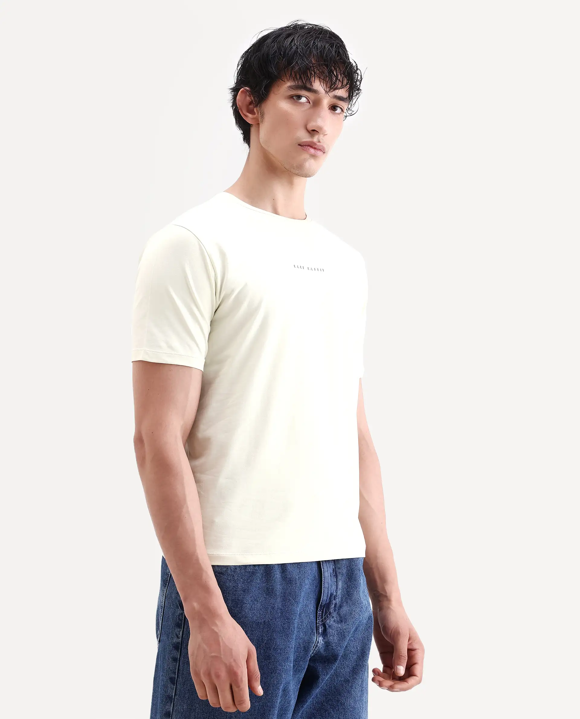 Rare Rabbit Men's Rabbit-S26 Light Green Cotton Blend Fabric Half Sleeve Crew Neck Regular Fit Plain T-Shirt - Image 6