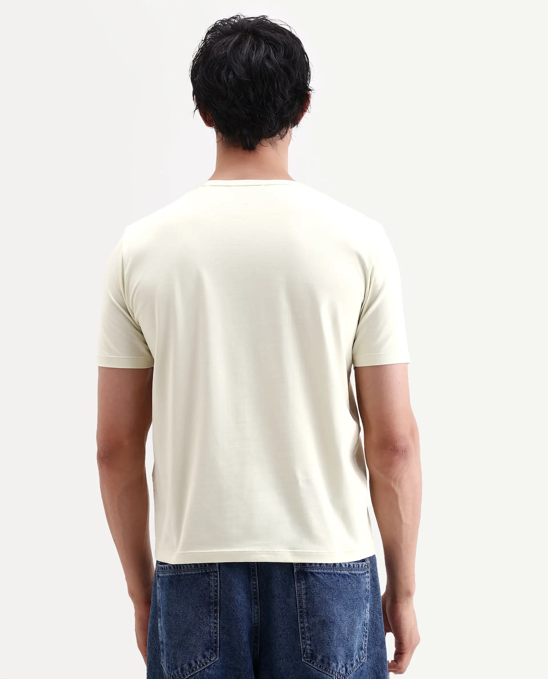 Rare Rabbit Men's Rabbit-S26 Light Green Cotton Blend Fabric Half Sleeve Crew Neck Regular Fit Plain T-Shirt - Image 7