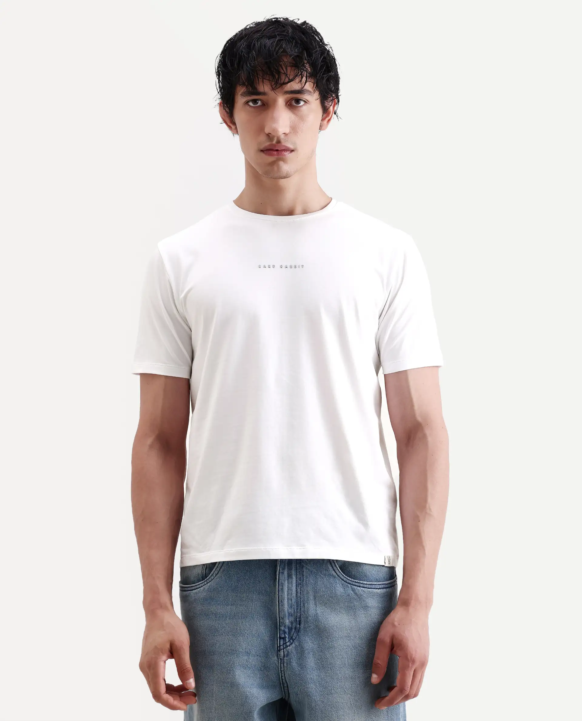 Rare Rabbit Men's Rabbit-S26 White Cotton Blend Fabric Half Sleeve Crew Neck Regular Fit Plain T-Shirt - Image 3