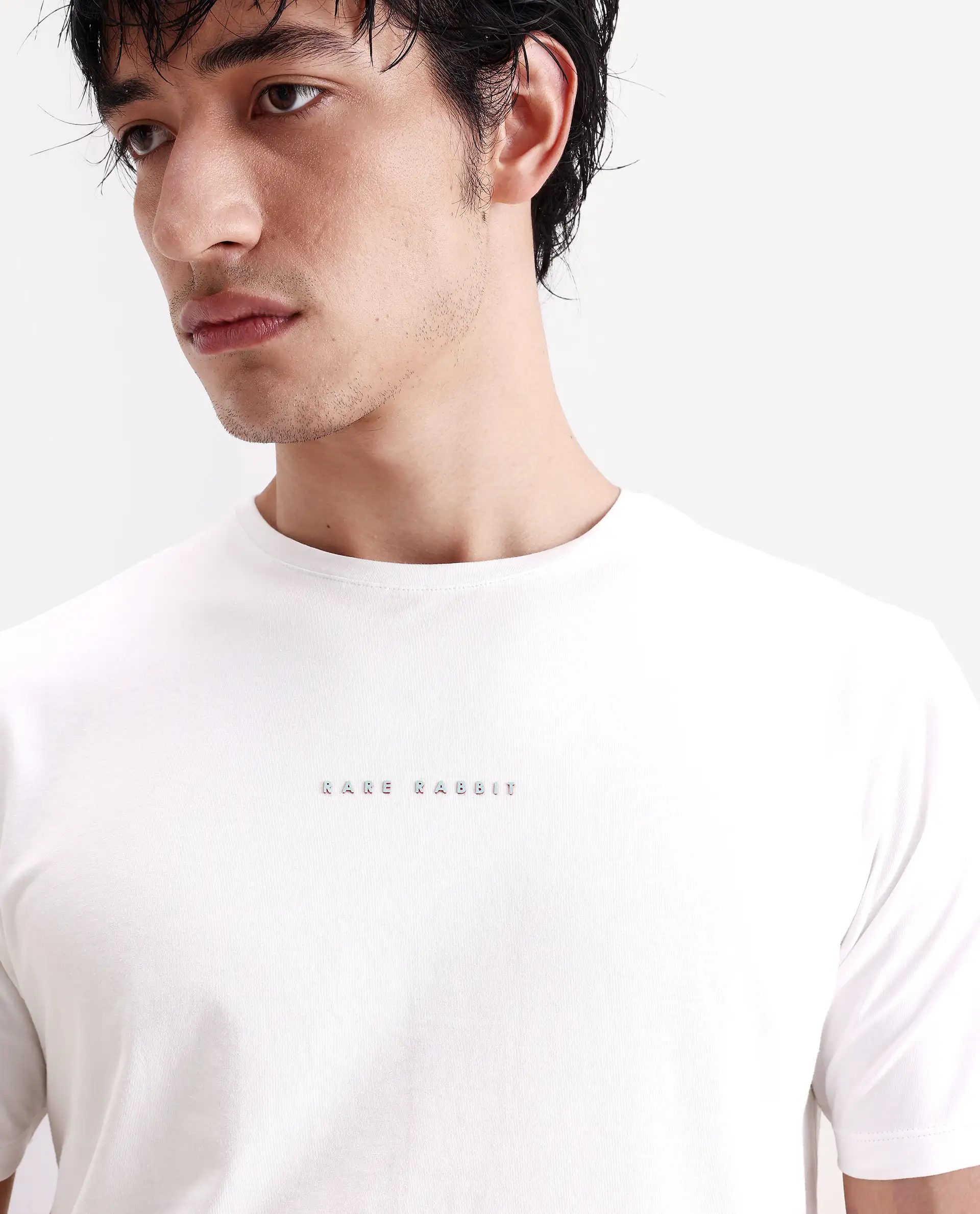 Rare Rabbit Men's Rabbit-S26 White Cotton Blend Fabric Half Sleeve Crew Neck Regular Fit Plain T-Shirt - Image 4