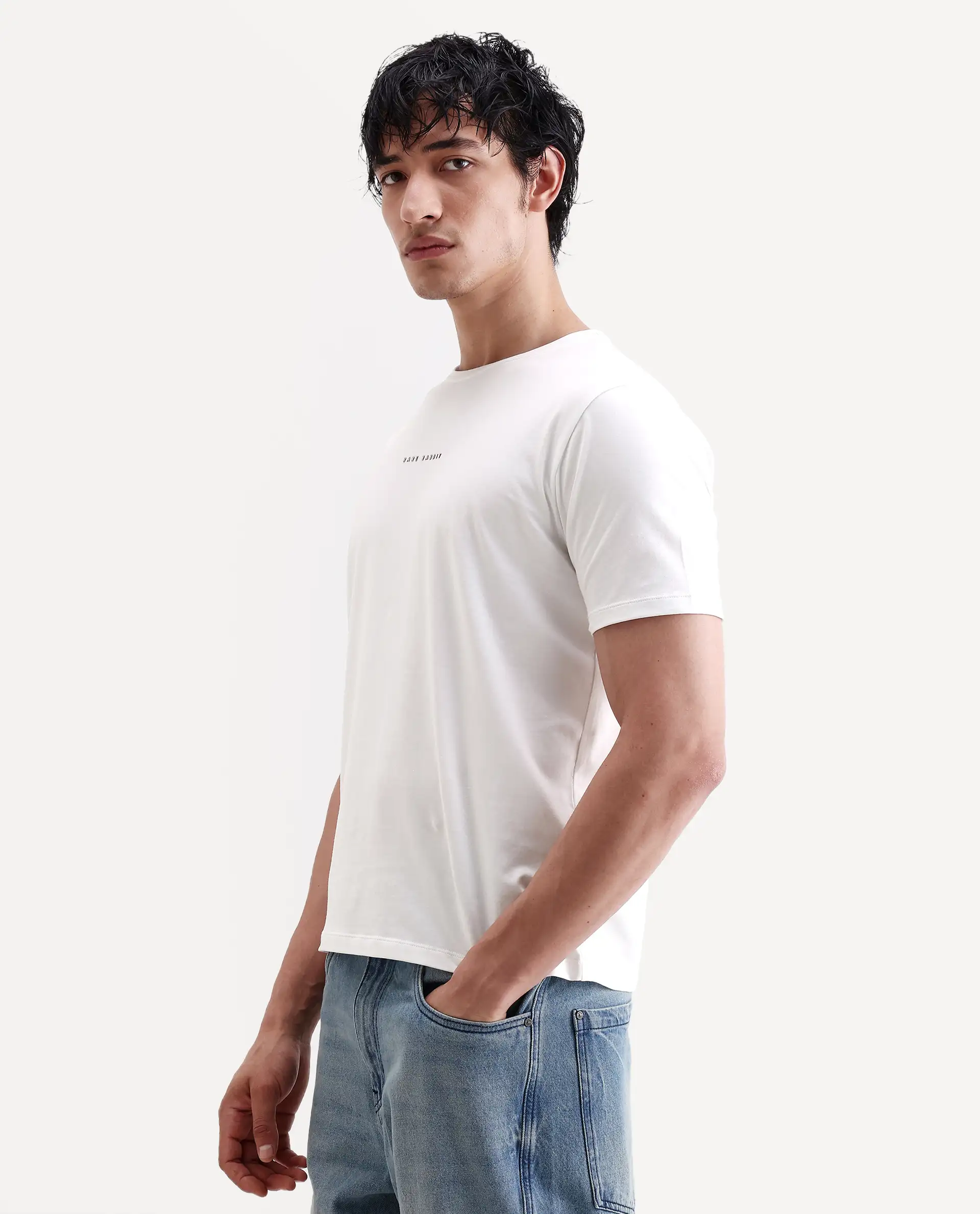 Rare Rabbit Men's Rabbit-S26 White Cotton Blend Fabric Half Sleeve Crew Neck Regular Fit Plain T-Shirt - Image 5