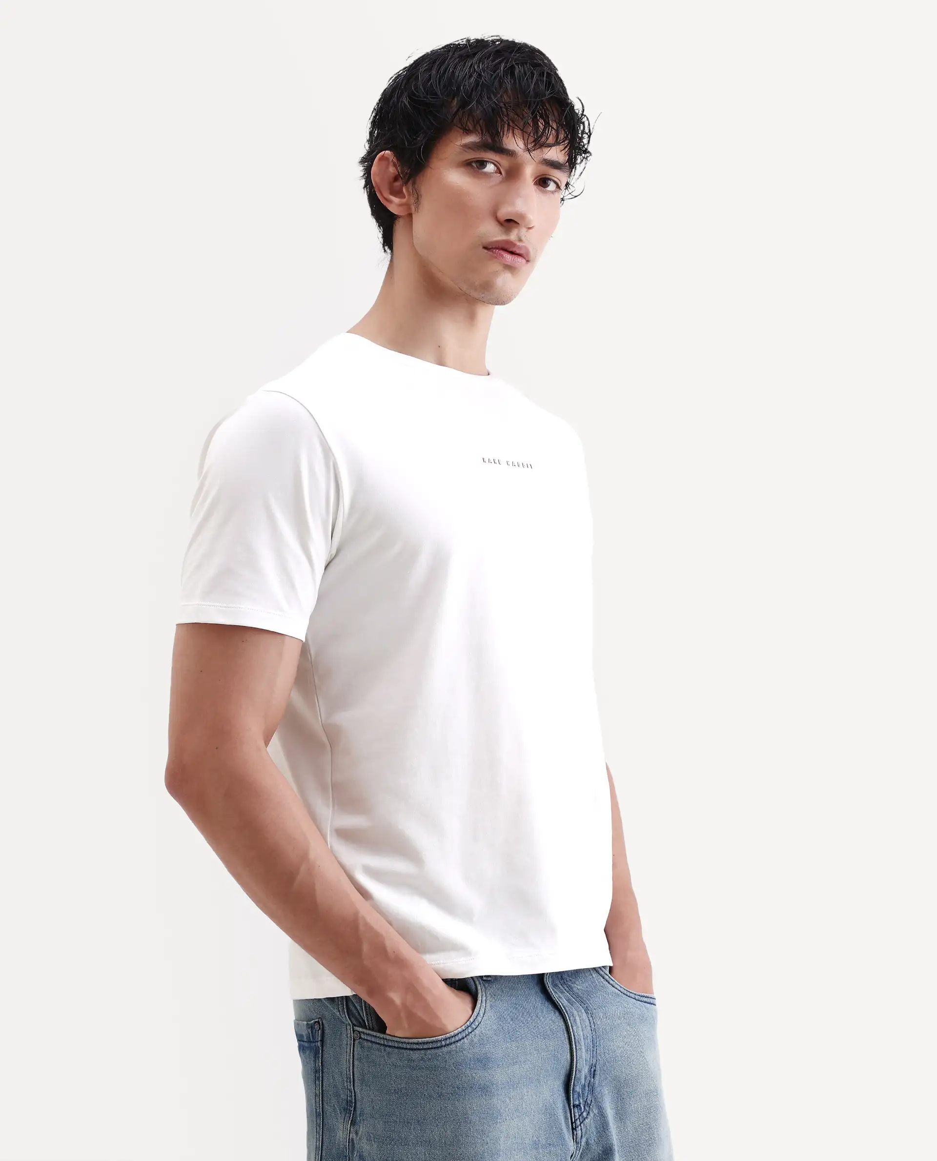 Rare Rabbit Men's Rabbit-S26 White Cotton Blend Fabric Half Sleeve Crew Neck Regular Fit Plain T-Shirt - Image 6