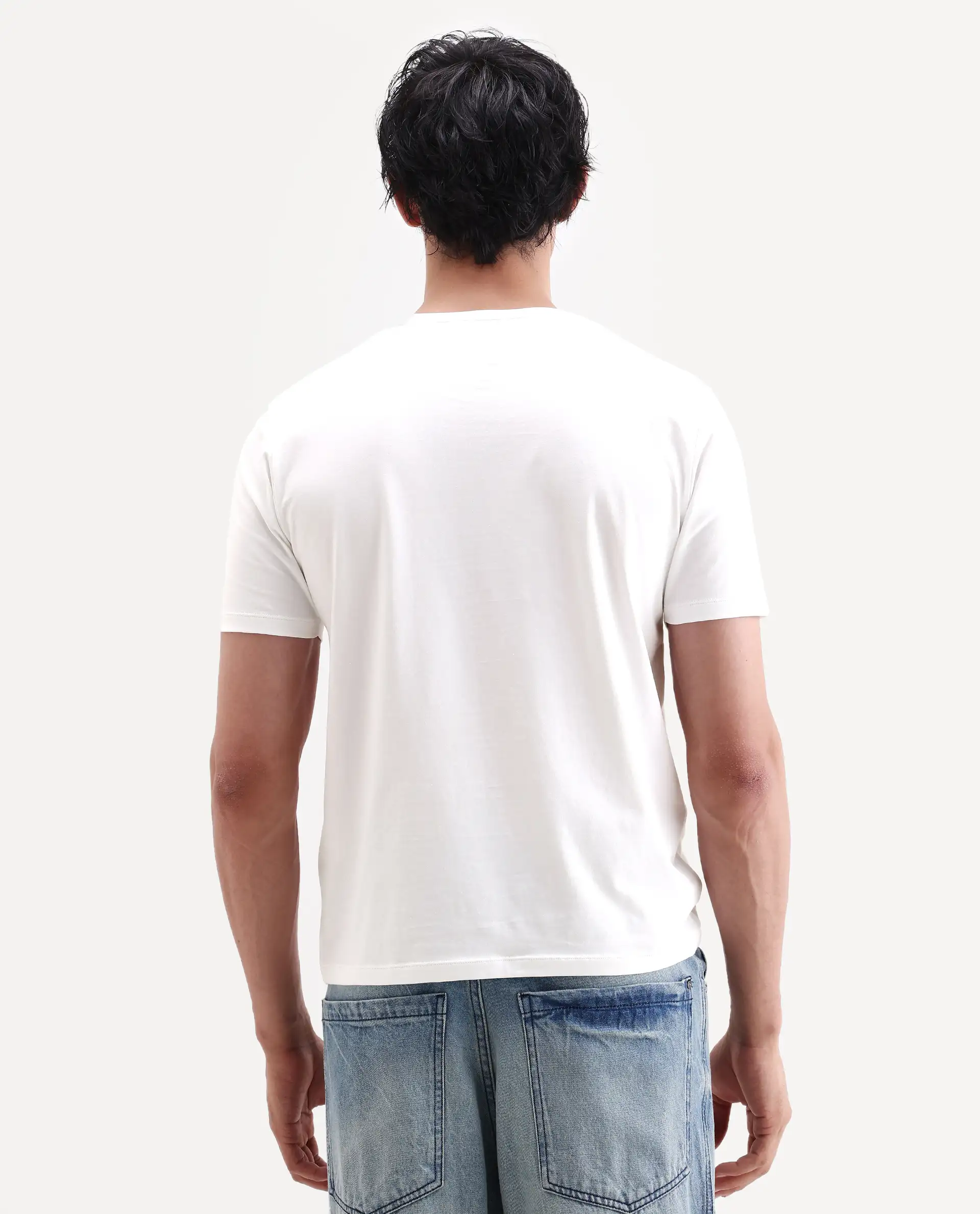 Rare Rabbit Men's Rabbit-S26 White Cotton Blend Fabric Half Sleeve Crew Neck Regular Fit Plain T-Shirt - Image 7